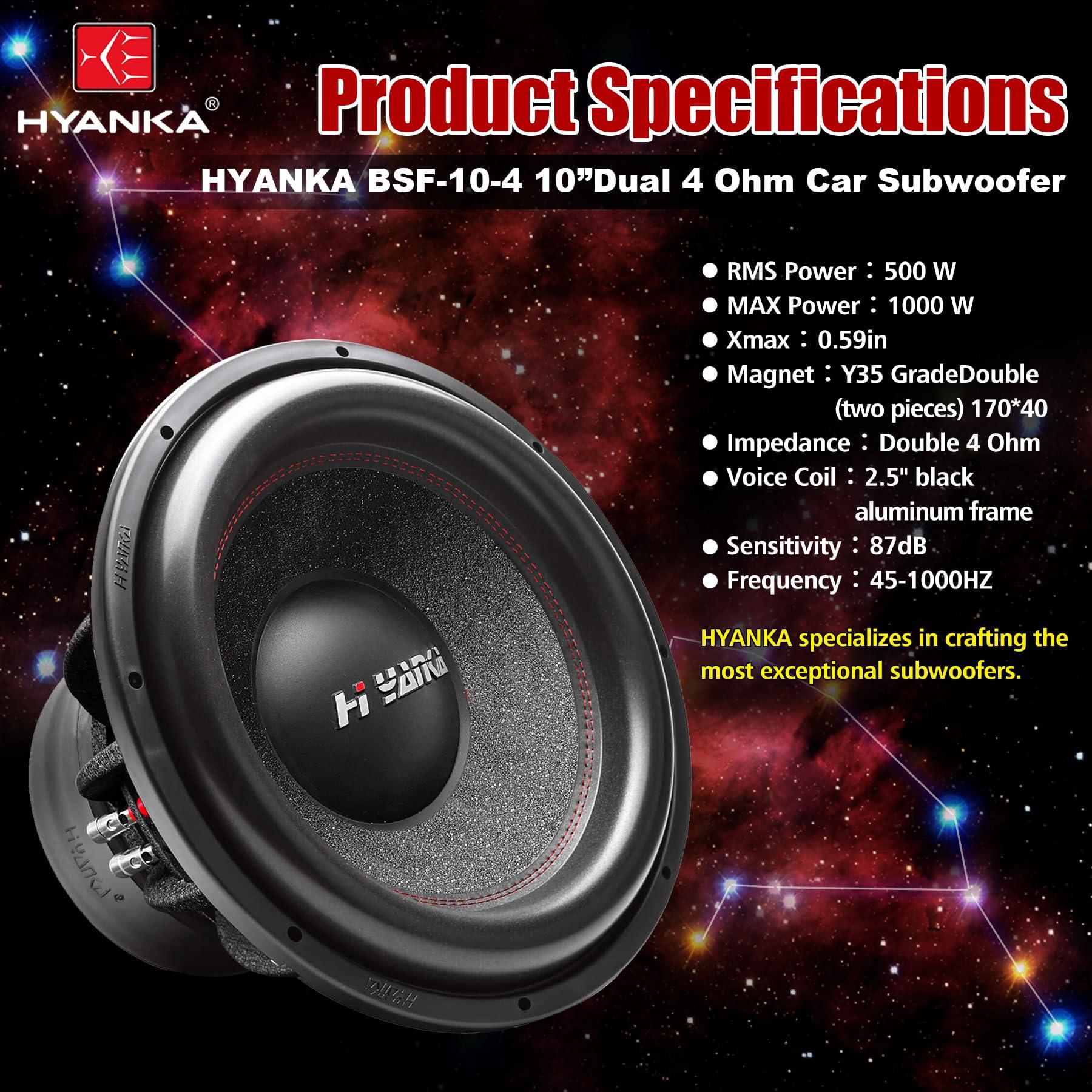 H YANKA H YANKA BSF-10-4 10 Inch Subwoofer - 1000W MAX Power 10 Inch Paper Cone Subwoofer Car Audio, Black Aluminum Basket, 2.5 Dual Voice Coil 4 Ohm Impedance 10 Subwoofer for Cars