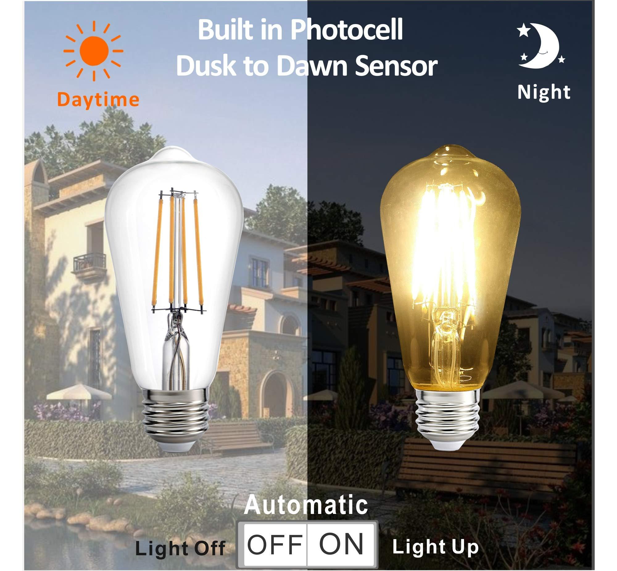 Spolico Dusk to Dawn LED Lights Bulb,Photocell Sensor Bulb, Auto Turn On/Off, ST58 ST19 60W Edison Replacement, E26 8W 800lm,Warm White 2700K for Outdoor Wall Light Fixture Garden Garage Porch Pack of 2