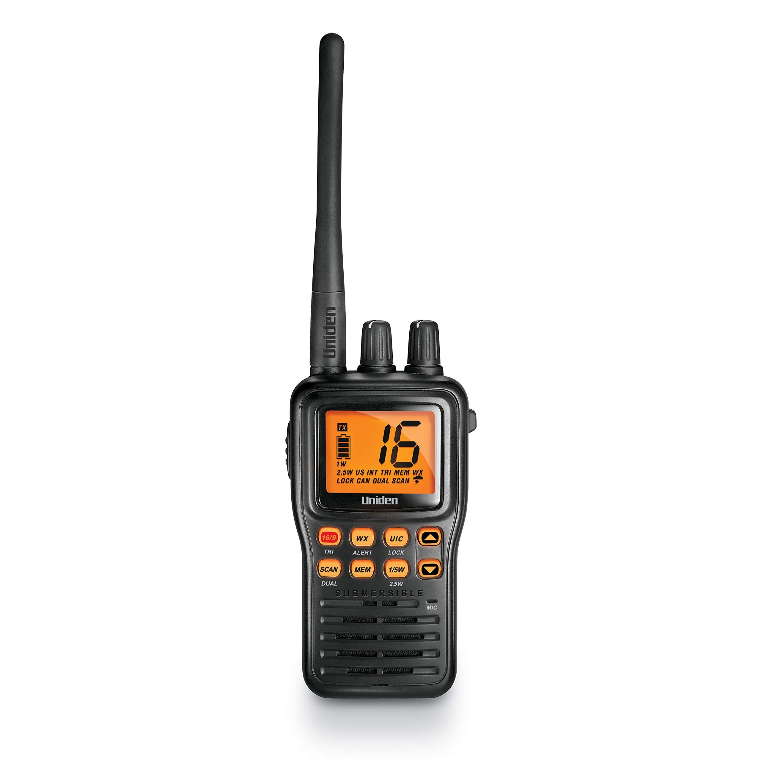 Uniden Uniden MHS75 Waterproof Handheld 2-Way VHF Marine radio, Submersible, Selectable 1/2.5/5 Watt Transmit Power. All USA/International and Canadian Marine Channels - Color Black