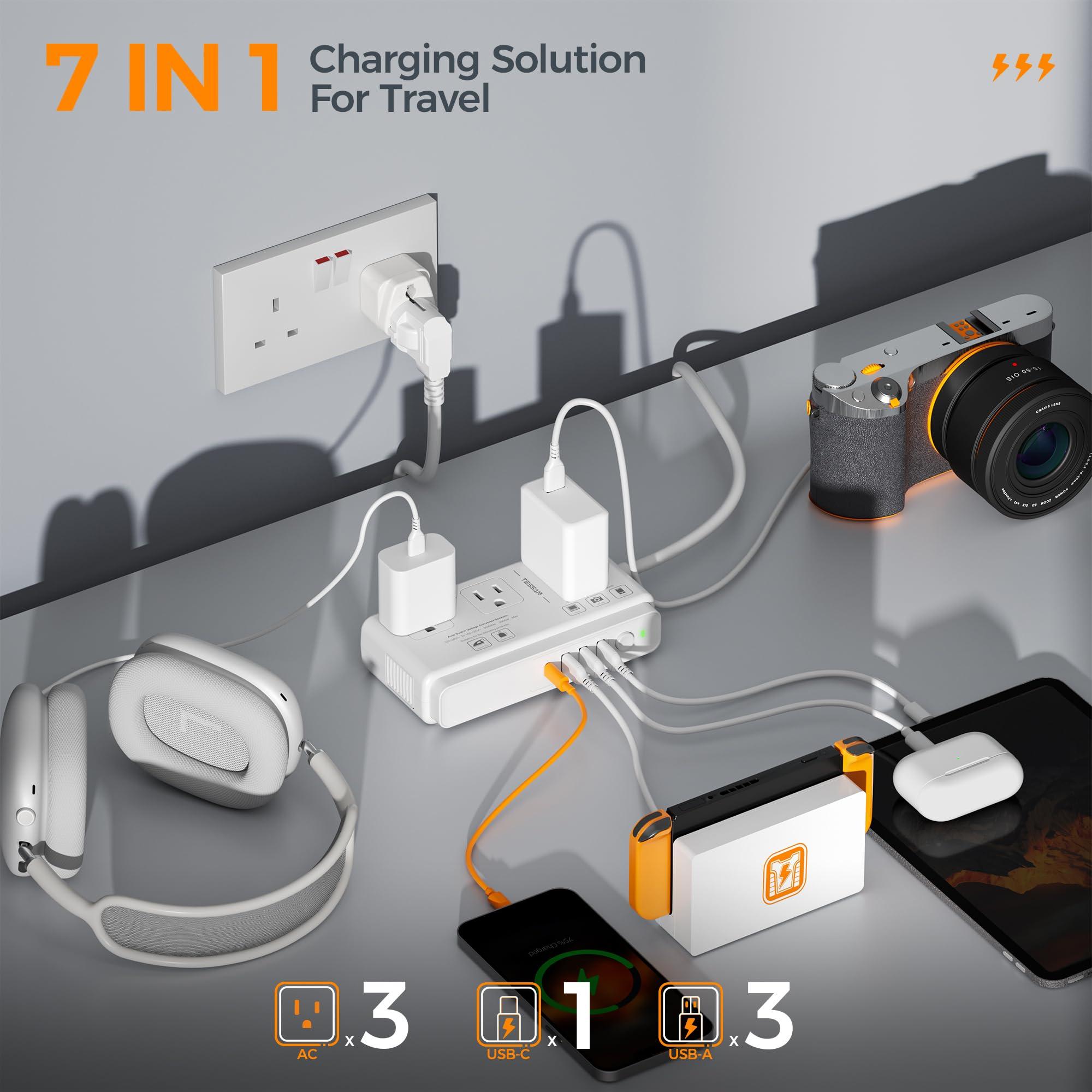 TESSAN 220V to 110V Voltage Converter, TESSAN Universal Travel Adapter with 4 USB Charger (1 USB C), 3 AC Sockets and EU/UK/AU/IT Plug Power Adaptor, Step Down Transformer Outlet Converters for International