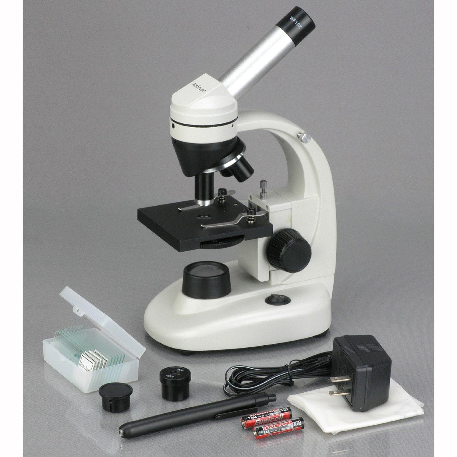 AmScope AmScope M135C-2L-PB10 Compound Monocular Microscope, WF10x and WF25x widefield eyepieces, 40x-1000x Magnification, Brightfield, Upper and Lower LED Illumination, Plain Stage, Cordless Operation with Rechargeable