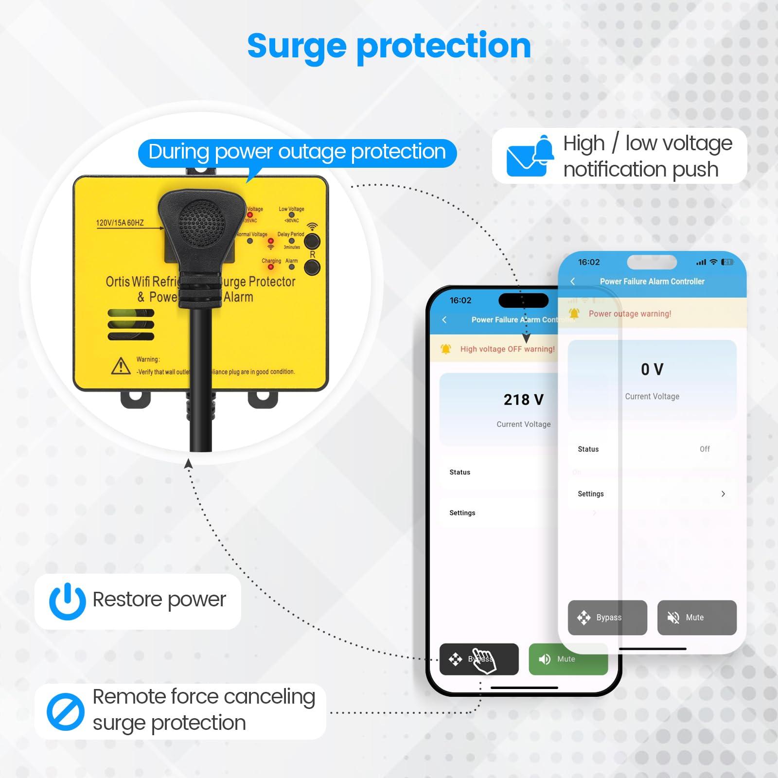 Ortis Wi-Fi Smart Power Failure Alarm with Surge Protector, Remotely Monitor and Control Your Refrigerator Via App, Ensuring The Safety of Refrigerator and Food Stored Inside, Yellow