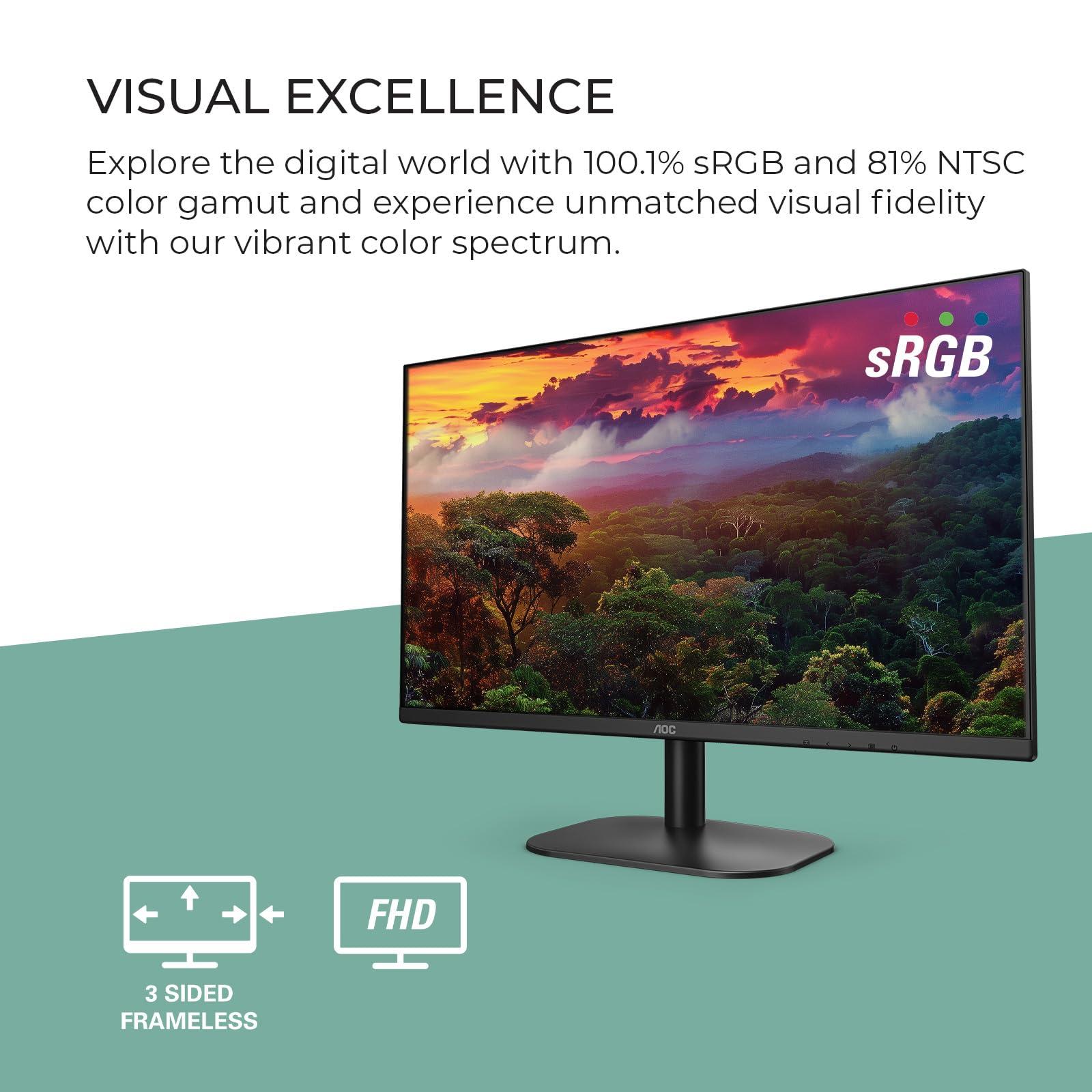 AOC AOC 27B2H2 27 Frameless IPS Monitor, FHD 1920x1080, 100Hz, 101% sRGB, for Home and Office, HDMI x2, Low Blue Mode, VESA Compatible, Black