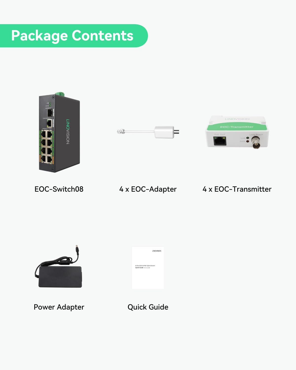 LINOVISION LINOVISION Industrial 8-Port EOC & POE Switch with 4pcs EOC Transmitters, Long Reach PoE Over Coax or UTP Cable, Simplified Wiring, Upgrading Analog System to IP Surveillance System