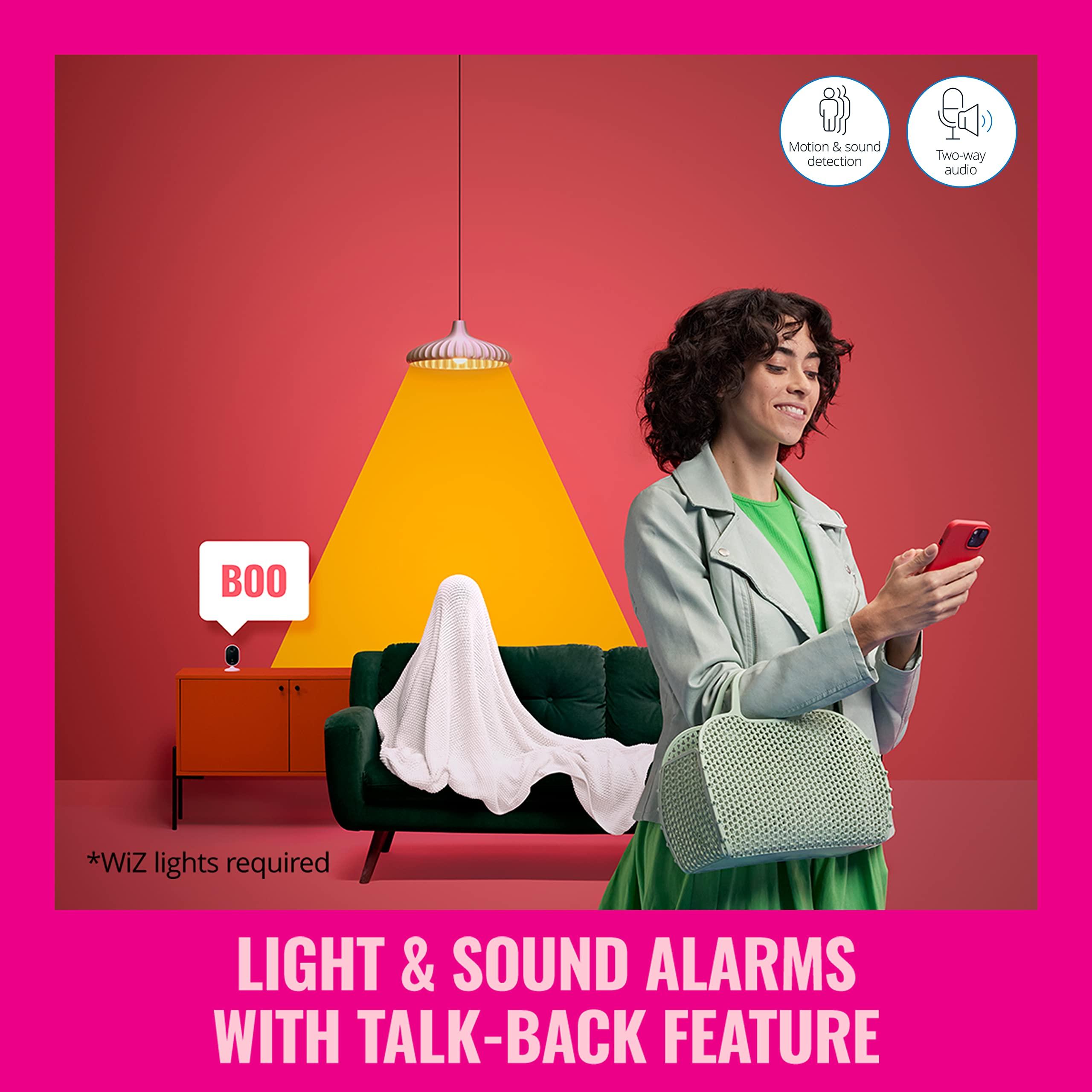 WiZ Connected Bundle of WiZ Indoor Security Camera, 1080p HD Video with Motion Detection and Full-Duplex Audio and WiZ Connected 2-Pack Color 60W A19 Smart WiFi Light Bulb, No Hub Required