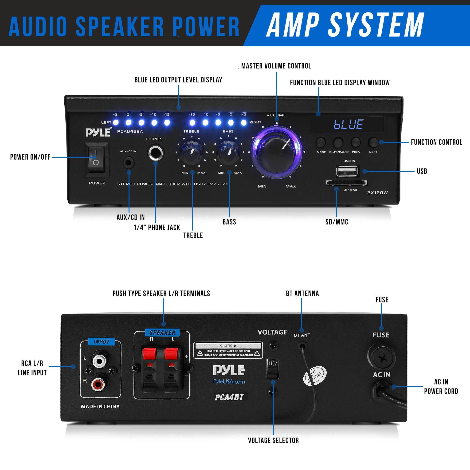 Pyle PyleUsa Bluetooth Computer Speaker Amplifier - 2x120 Watt Home Stereo Power Amplifier Home Audio Receiver System W/Blue Led Display, USB/SD, AUX, RCA, Headphone Jack - Remote - PCAU46BA.6