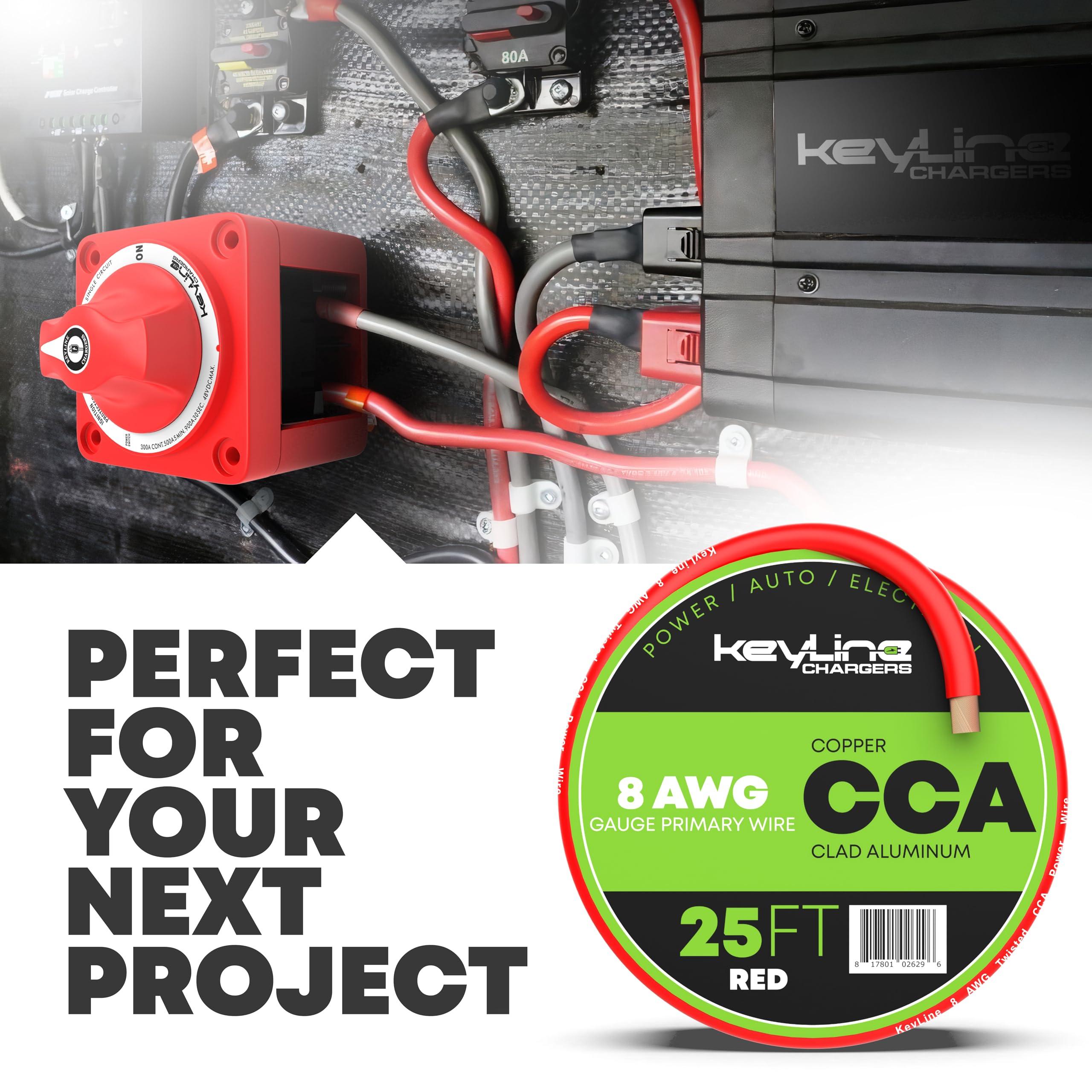 KeyLine Chargers 8 Gauge Amp Wire - 25ft Red | Best Used for Battery Cable, Marine Speaker Wiring, Solar Systems for RV Trailer, Car Audio, 8 AWG Automotive Copper Clad Aluminum (CCA)