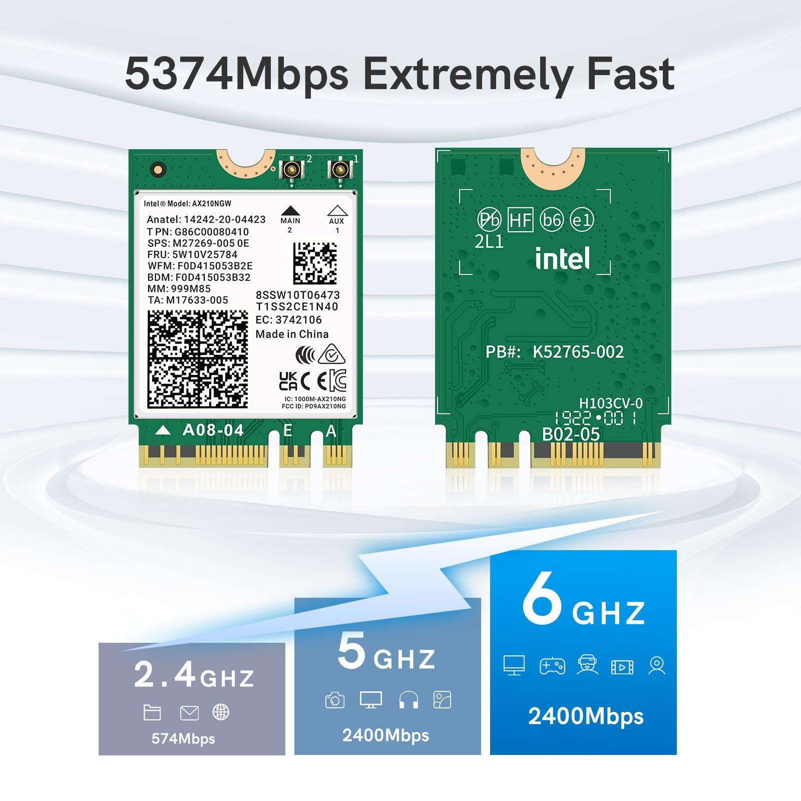 QFly QFly WiFi 6E AX210 NGW Wireless Card with Bluetooth 5.3, Tri-Band 5400Mbps Network Adapter for Laptop Support Windows 10/11 (64bit) M.2/NGFF