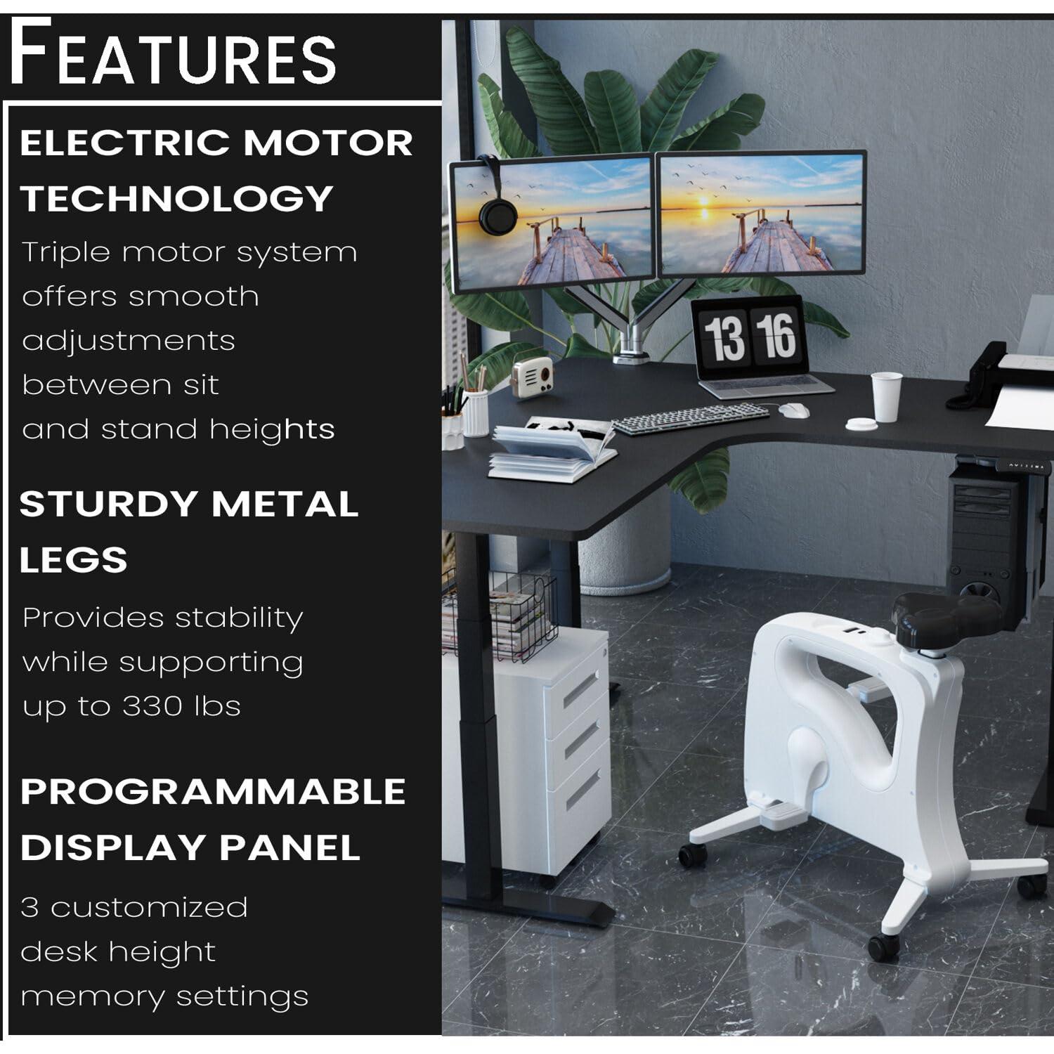 Hanover Hanover L-Shaped Sit Stand Desk, Ergonomic Electric Height Adjustable Standing Desk with Programmable Memory for Home or Office, Stand Up Desk with Adjustment Panel and LED Display, Black