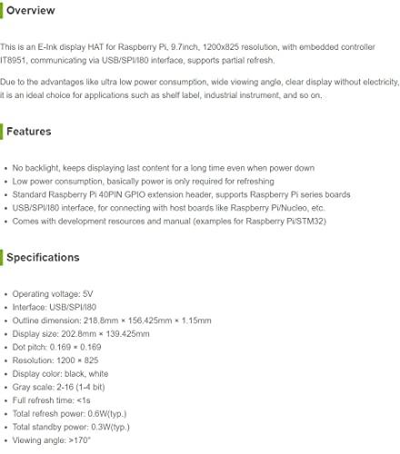 waveshare waveshare 9.7inch E-Ink Display HAT Compatible with Raspberry Pi4B/3B+/3B/2B/B+/A+/Zero/Zero W/WH/Zero 2W 1200x825 Resolution IT8951 Controller USB/SPI/I80 Interface Supports Partial Refresh