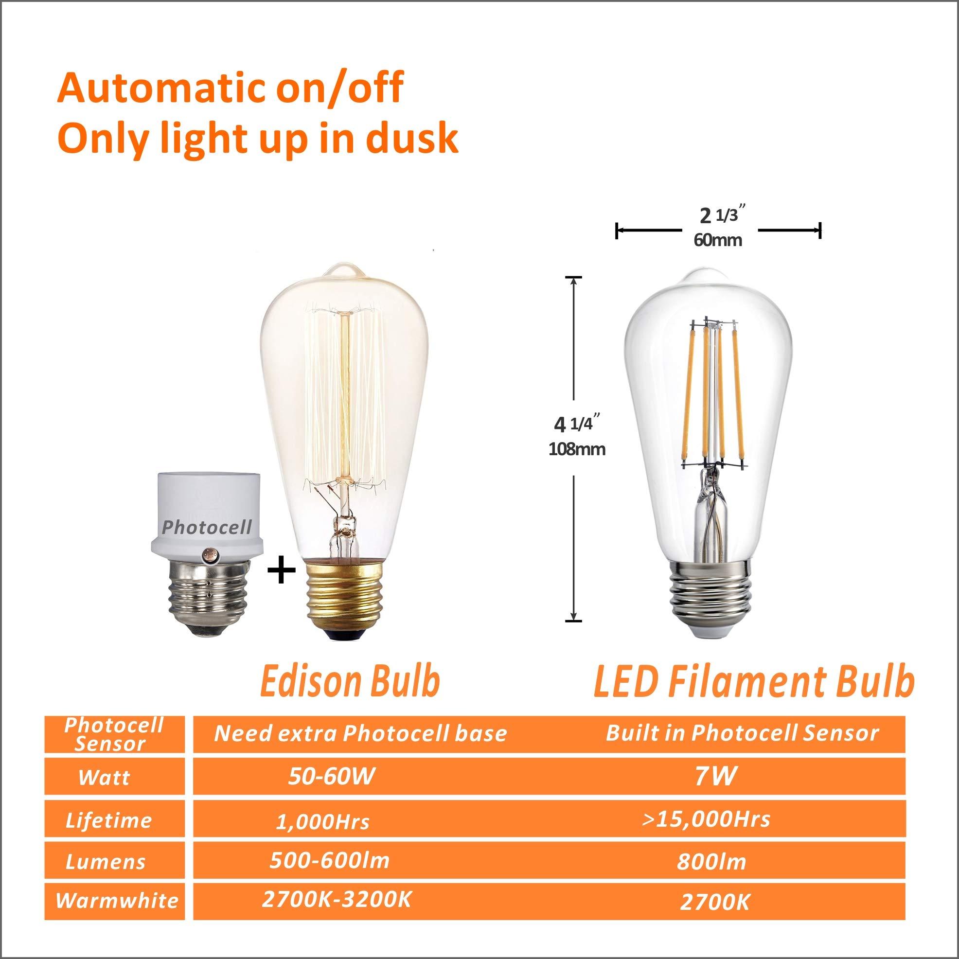 Spolico Dusk to Dawn LED Lights Bulb,Photocell Sensor Bulb, Auto Turn On/Off, ST58 ST19 60W Edison Replacement, E26 8W 800lm,Warm White 2700K for Outdoor Wall Light Fixture Garden Garage Porch Pack of 2