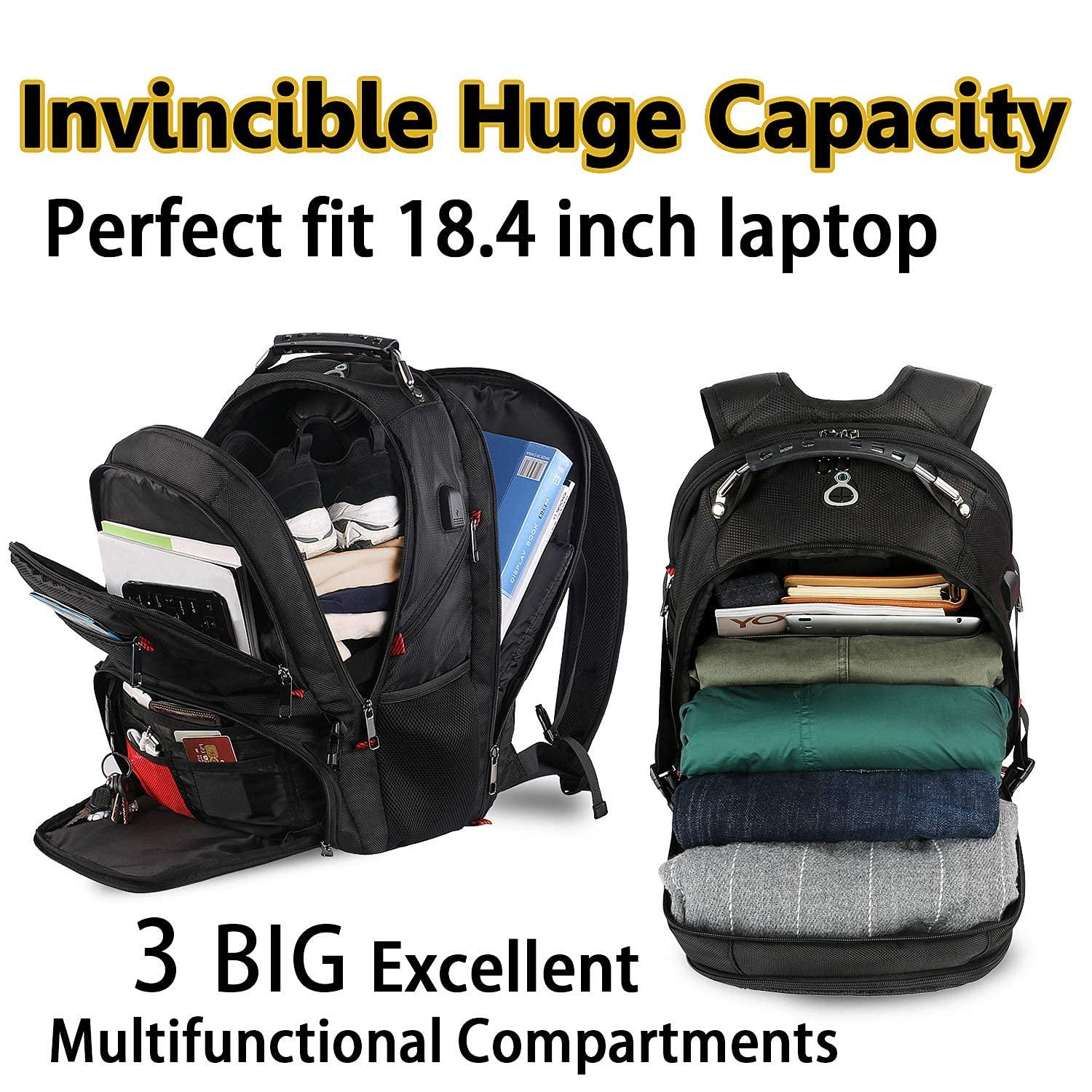 YOREPEK YOREPEK 18.4 Laptop Large Backpacks Fit Most 18 Inch Laptop with USB Charger Port,TSA Friendly Flight Approved Weekend Carry on Backpack with Luggage Strap for Men and Women, Black