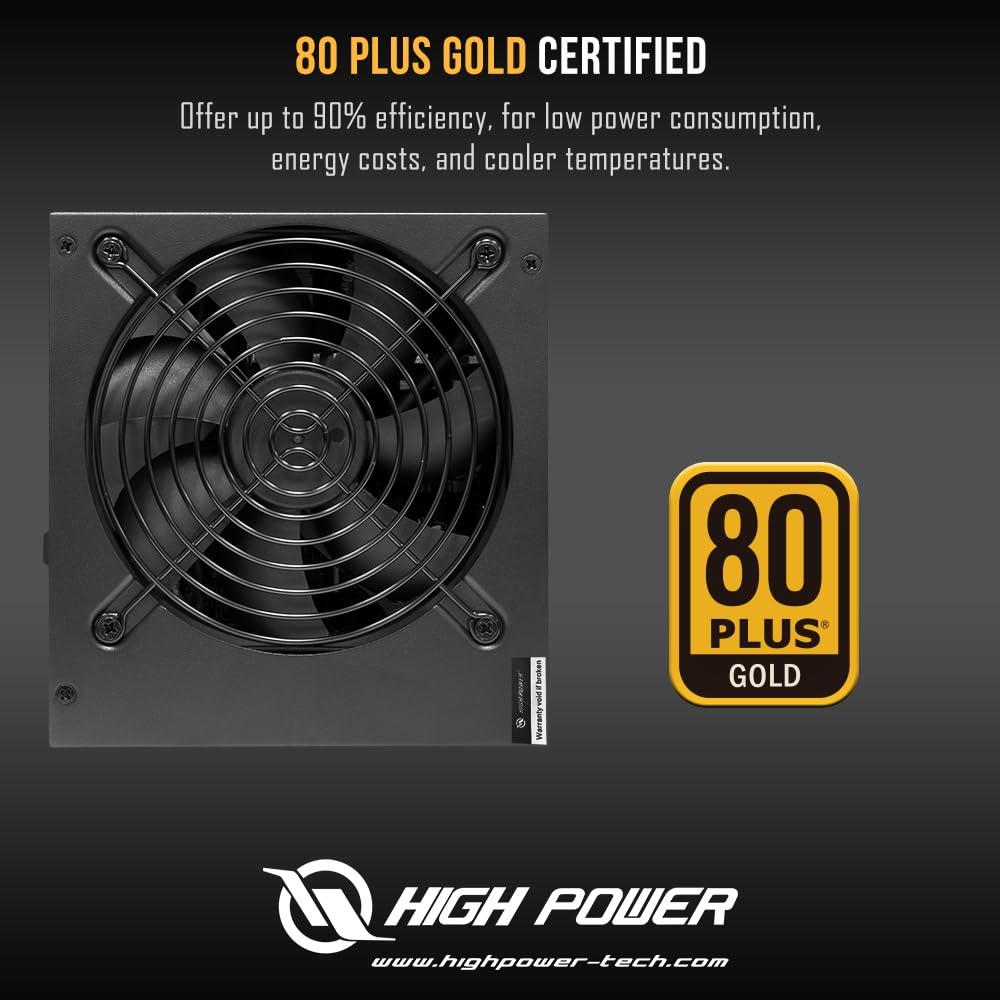 High Power HIGH POWER 600W Power Supply, 80 Plus Gold Certified PSU, Continuous Power with 120mm Whisper Quiet Fan, ATX 12V V2.3/EPS 12V Active PFC Reliable Performance, Energy-Efficient