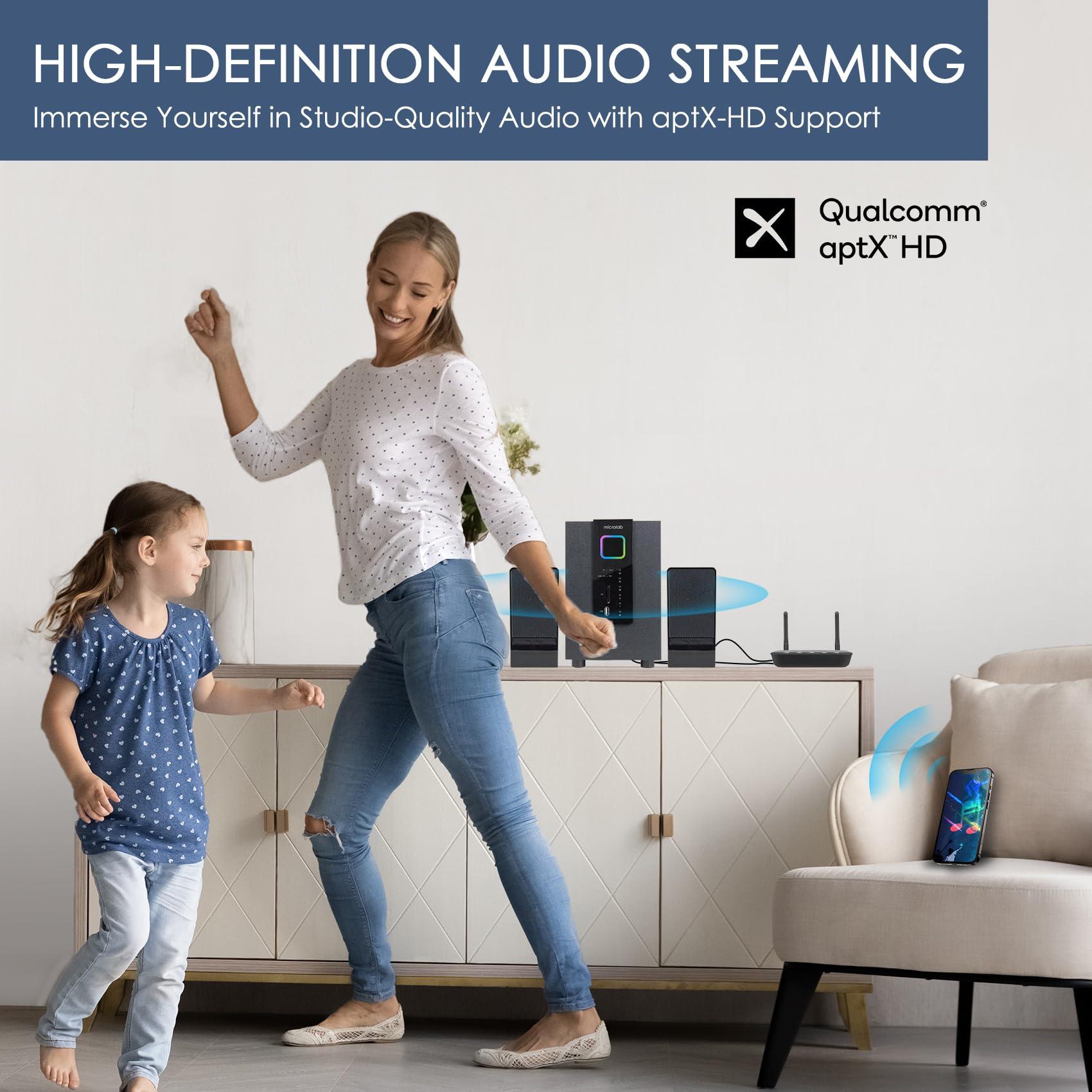 SIMOLIO SIMOLIO Bluetooth Transmitter Receiver for TV Home Stereo, aptX Low Latency & HD Long Range Bluetooth Audio Adapter for 2 Wireless Headphones, Bypass to Soundbar, Optical RCA AUX 3.5mm Inputs/Outputs