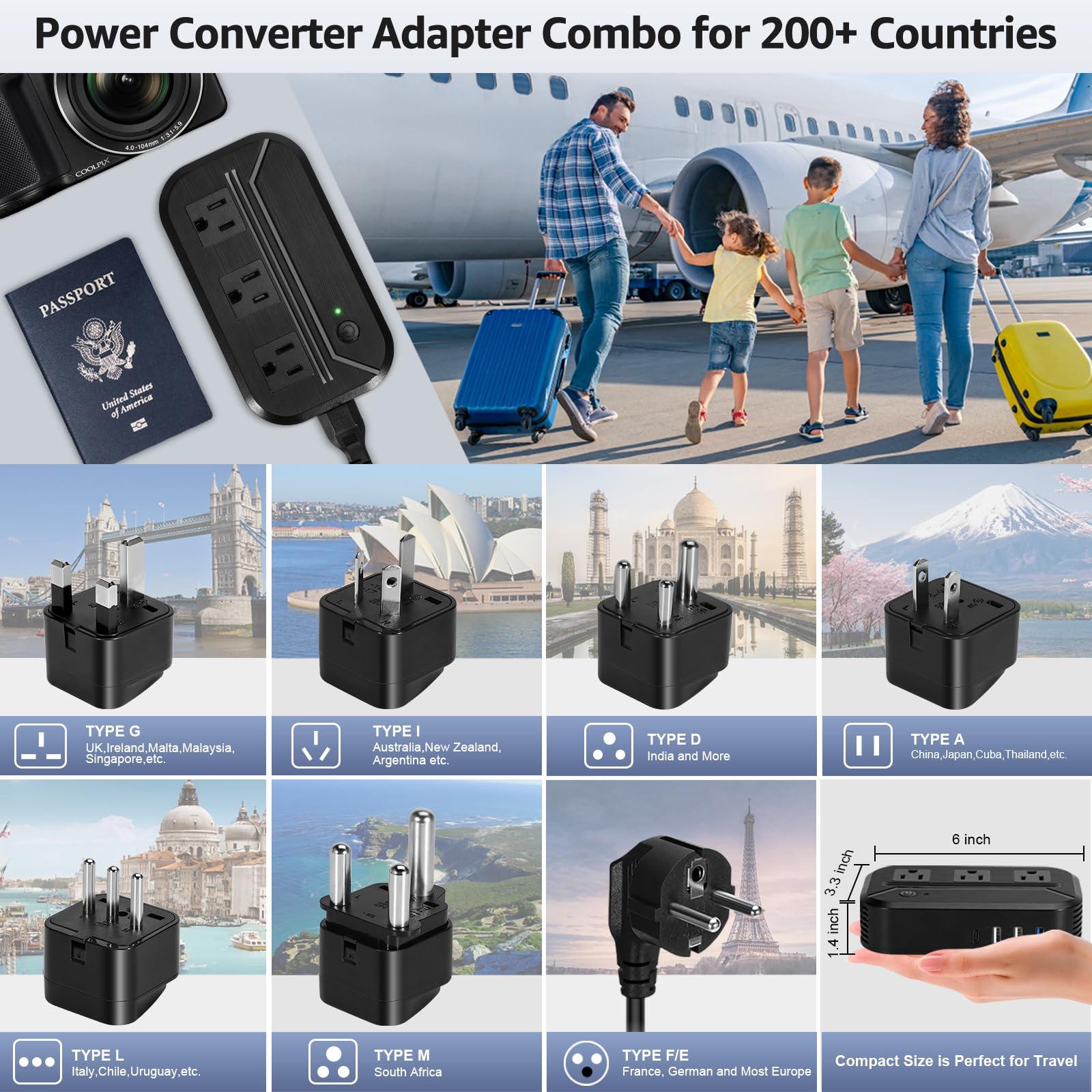 AceChef Voltage Converter 2300W International Power Converter Step Down 220V/240V to 110V/120V Travel Adapter w/ 3 USB + 1 Type C+ 3 AC Outlets + 7 Worldwide Plug Adapter for EU/US/AU/IT/UK/India/South Africa