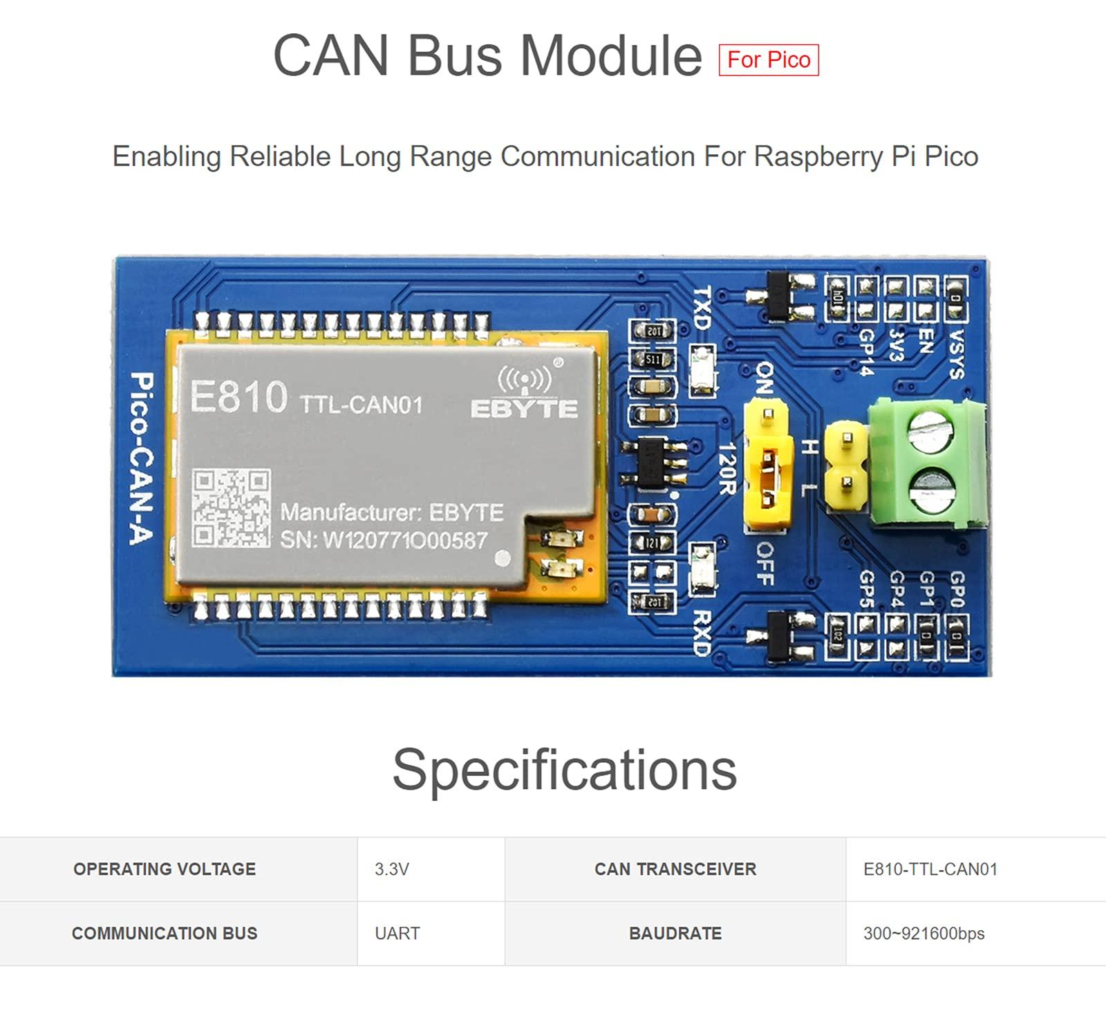 waveshare waveshare CAN Bus Module for Raspberry Pi Pico, UART to CAN Converter Incorporates E810-TTL-CAN01 Can Transceiver, Enabling Reliable Long Range Communication for Raspberry Pi Pico