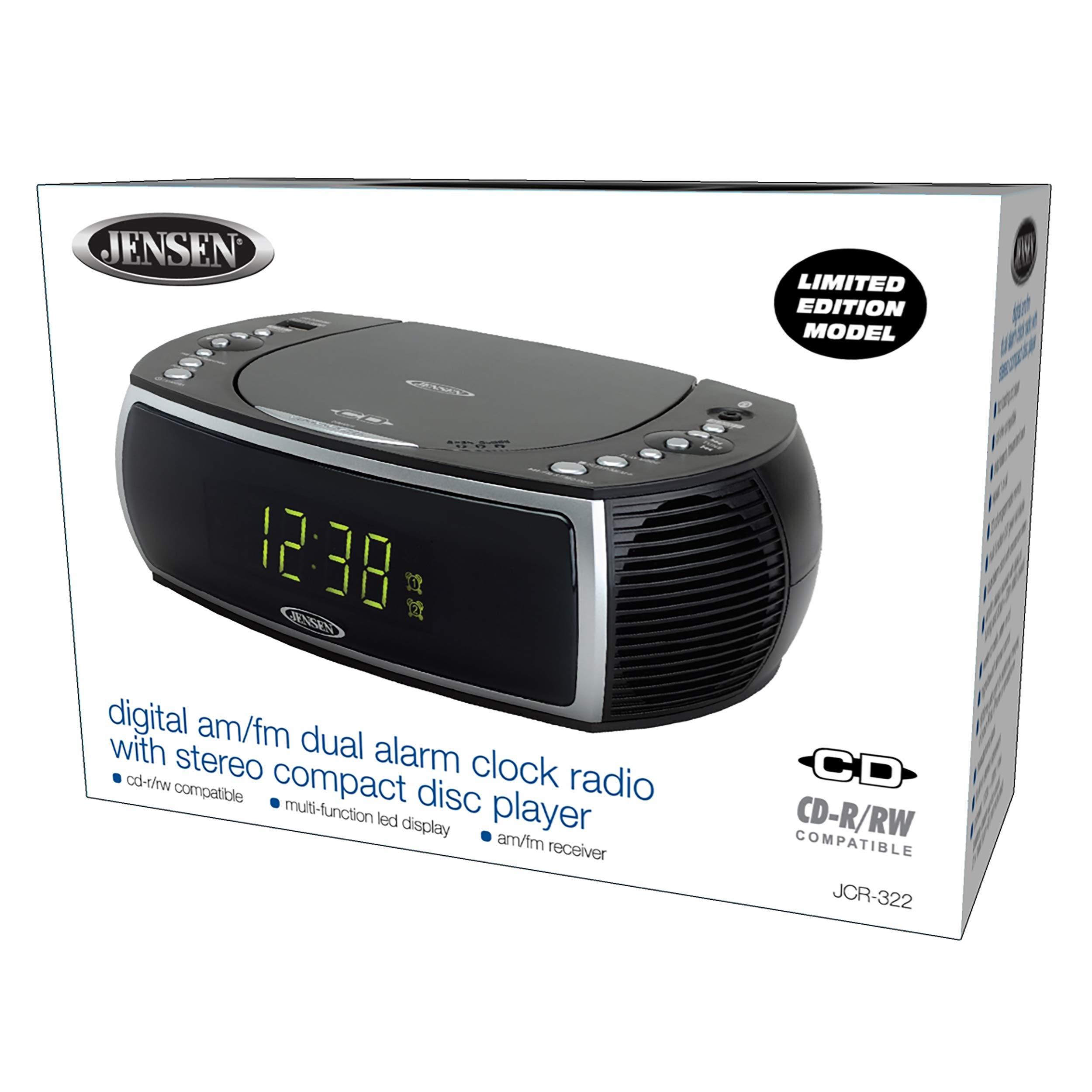 Jensen Jensen Modern Home CD Tabletop Stereo Clock Digital AM/FM Radio CD Player Dual Alarm Clock Stereo CD Top-Loading Disc Player | USB Charging Port DV 5V 800mA | Headphone Jack | 0.9 Display Green LED