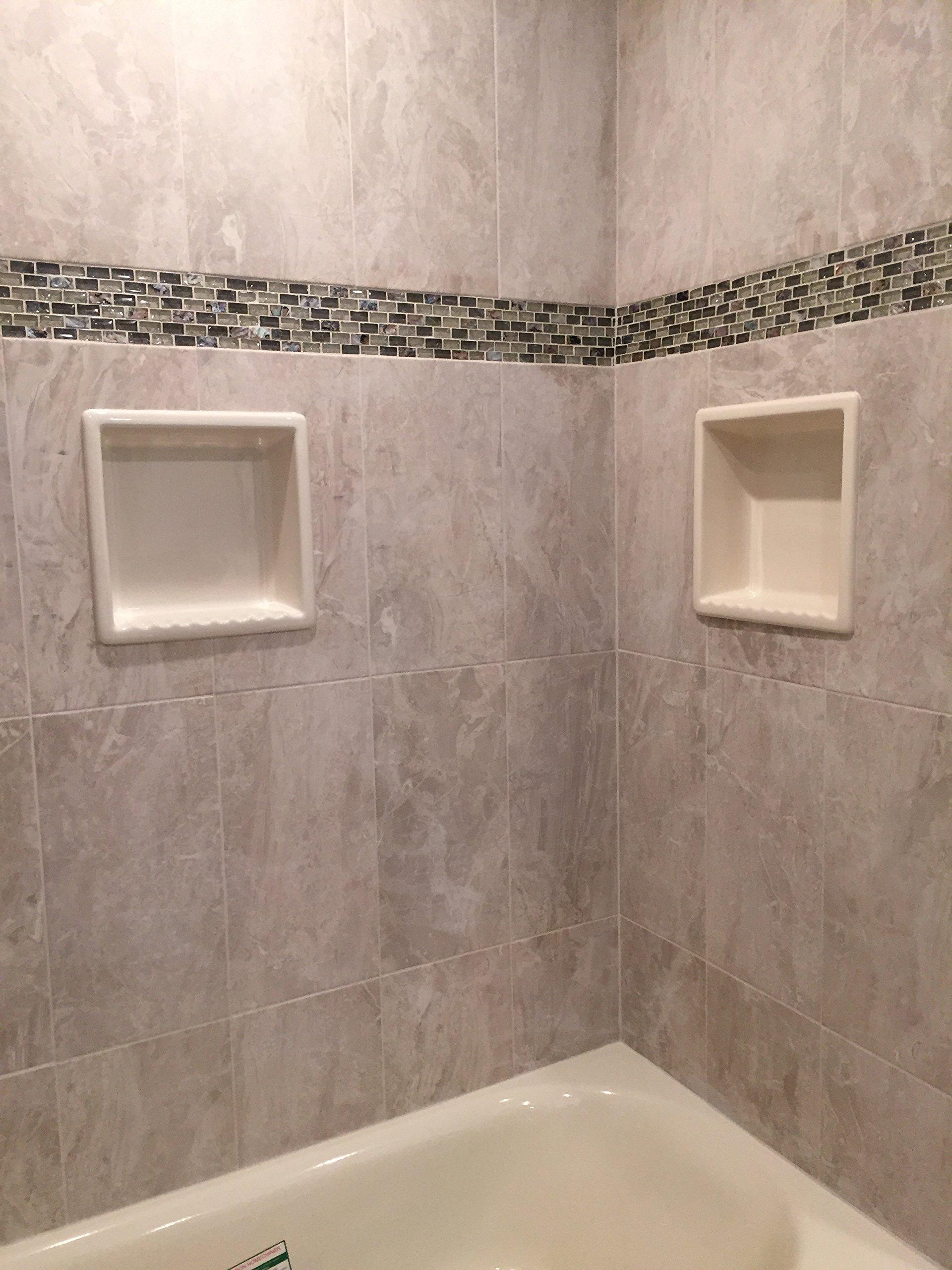 shower-shelf 1 USA made Ceramic Recessed Shower Niche 1 compartment shampoo shelf. Easy Install, Easy Clean, Sanitary, Will not Rust or Black Mold, Holds most 3-32 oz shampoo bottles, Soap Holder1C