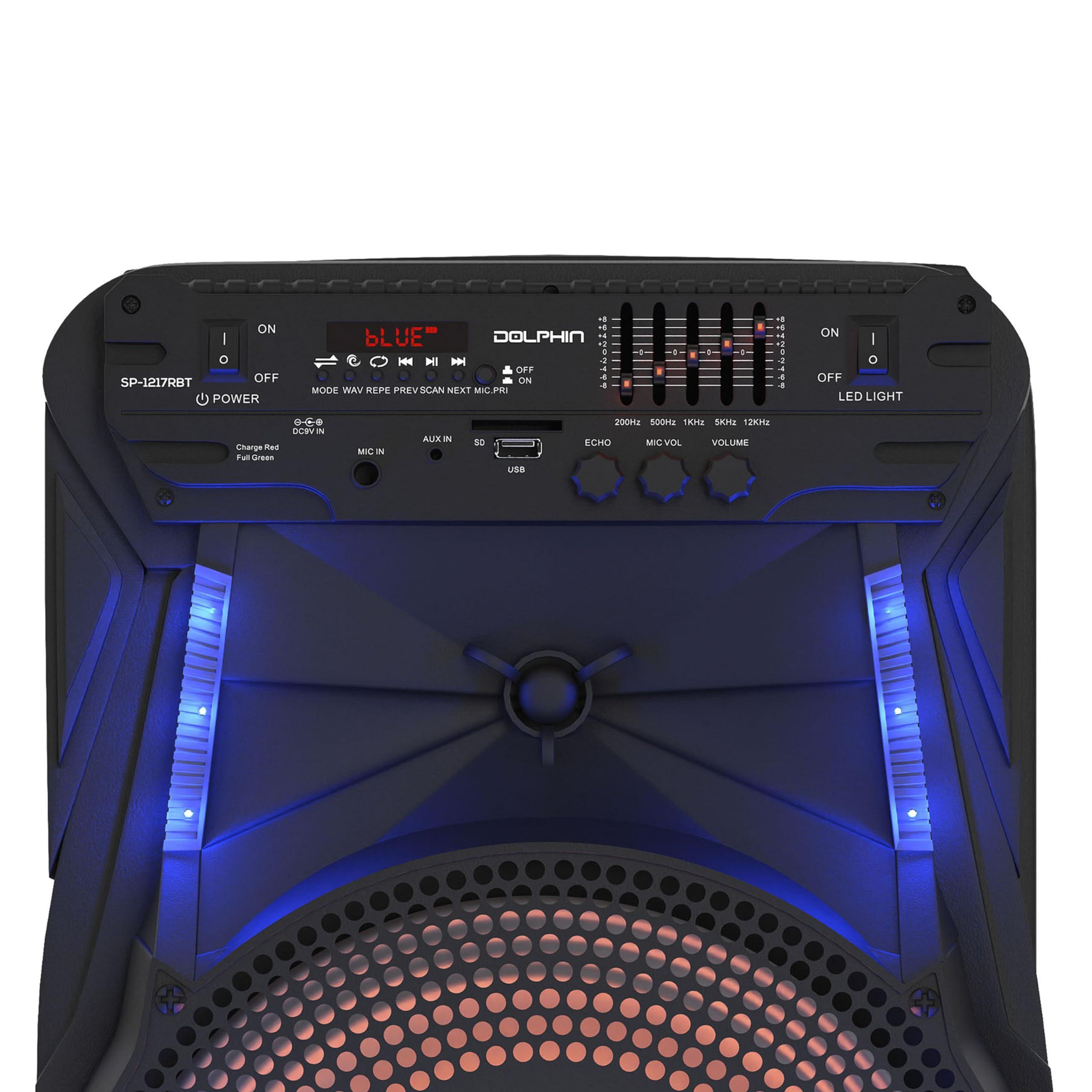 Dolphin Dolphin 12-Inch Rechargeable Bluetooth Party Speaker High Power Sound, TWS Compatibility, LED Lights, 5-Band Equalizer, Portable Design with Trolley and Wheels
