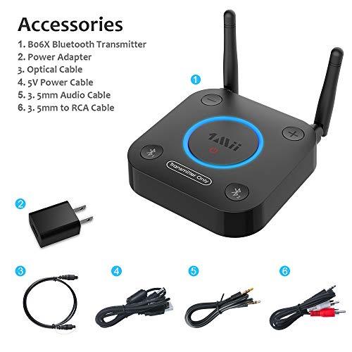 1Mii 1Mii B06TX Bluetooth 5.2 Transmitter for TV to Wireless Headphone/Speaker, Bluetooth Adapter for TV w/Volume Control, AUX/RCA/Optical/Coaxial Audio Inputs, Plug n Play, aptX Low Latency & HD