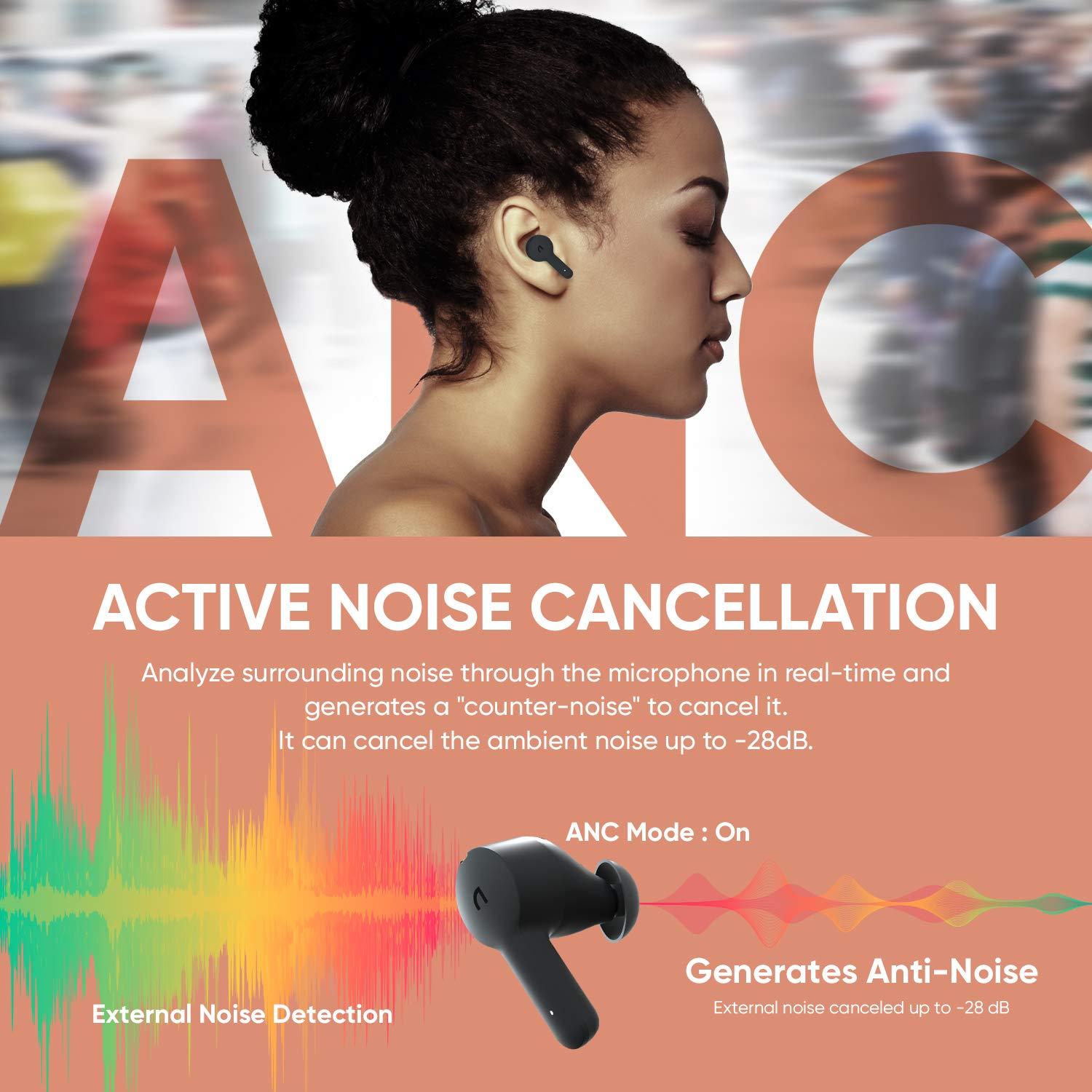 ABKO ABKO Active Noise Cancelling True Wireless Earbuds ANC Bluetooth Headphones in-Ear USB-C Wireless Charging with Microphone Built-in Mic EC10 Black