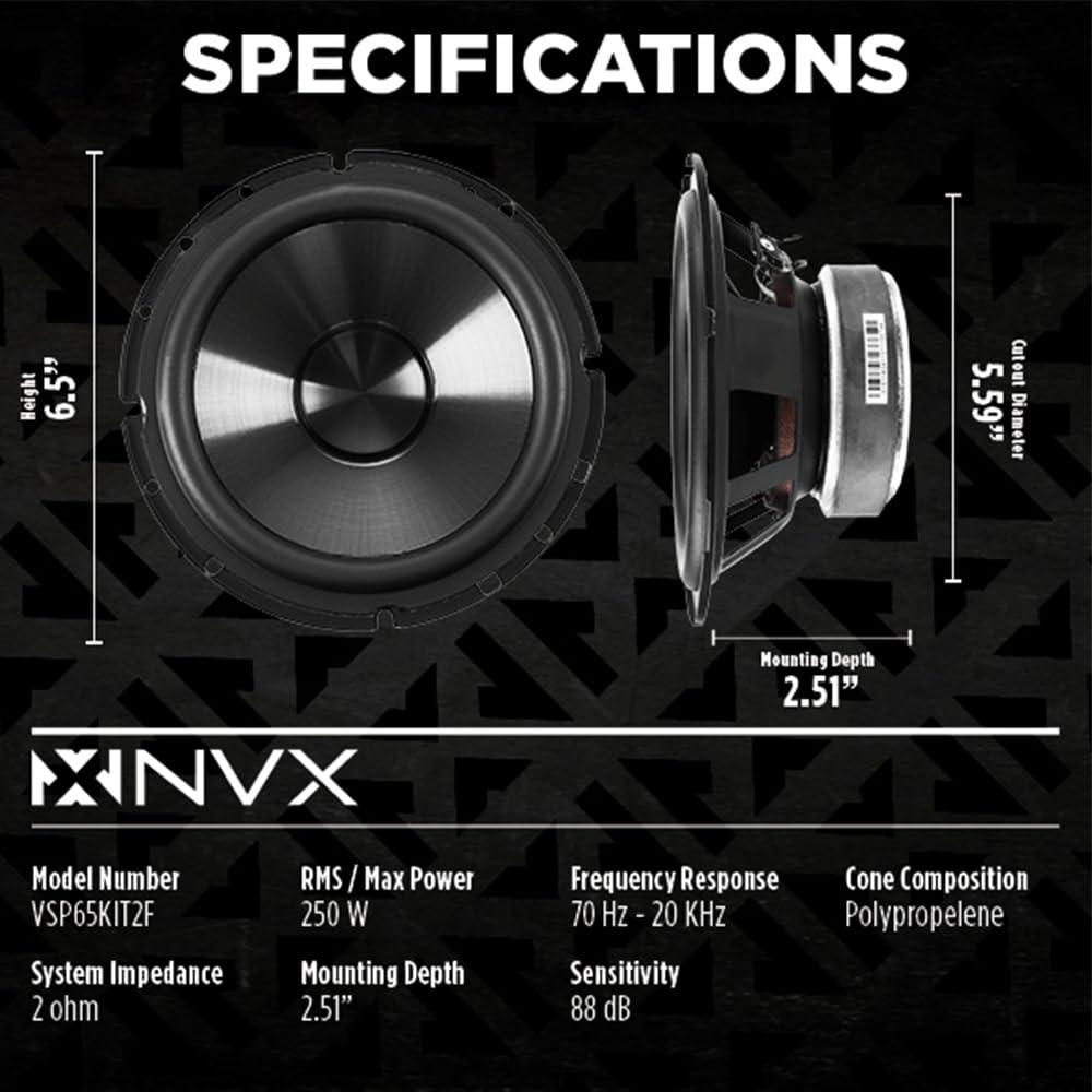 NVX NVX VSP65KIT2F 6.5" Premium Car Speakers, 375W each side(750W per set), 250W RMS, 2-Ohm 2-Way Component System w/ 1" Silk Dome Tweeters & Passive X-Overs, Easy to Install in Cars/Trucks/Doors (Pair)