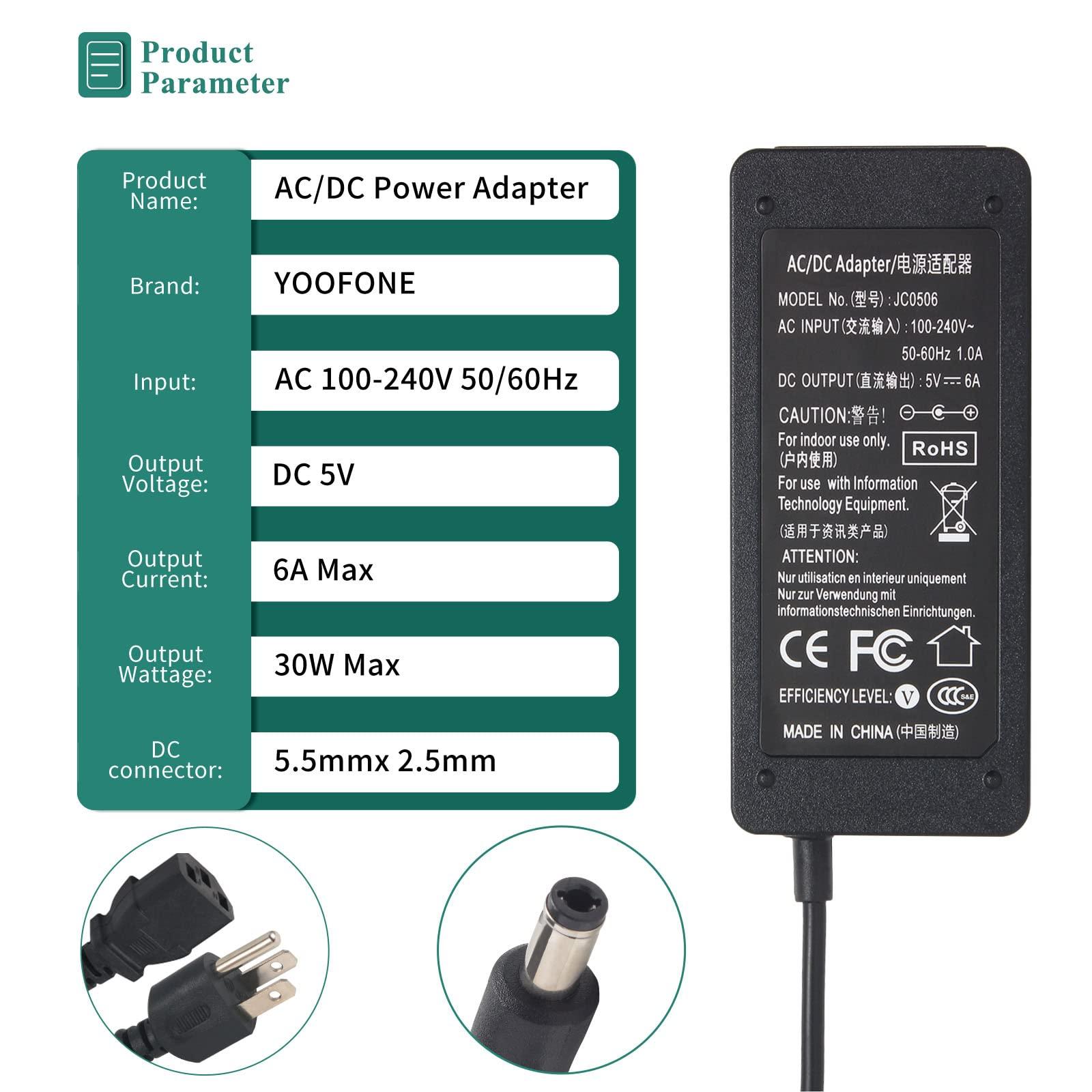 YOOFONE YOOFONE 5V 6A Power Supply, 30W Switching Power Adapter AC 100-240V to DC 5 Volt 6A 5A 4A 3A 2A 1A Transformers Tip 5.5x2.5mm for LED Strips CCTV Cameras