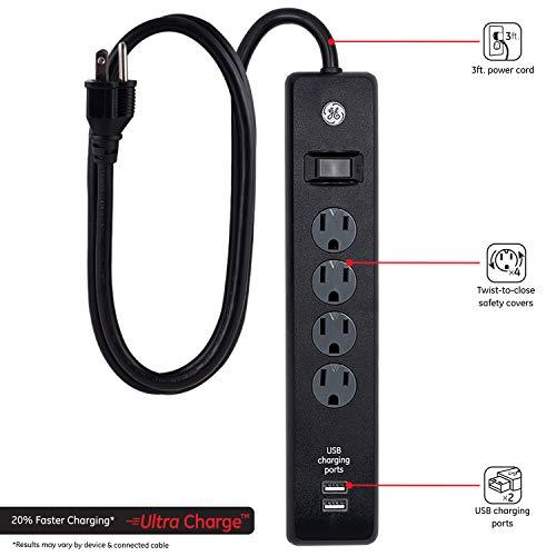 GE home electrical GE 4-Outlet Surge Protector, 2 USB Ports, 3 Ft Power Cord, 450 Joules, Twist to Lock Safety Covers, Automatic Shutdown Technology, Circuit Breaker, Warranty, UL Listed, Black, 36189