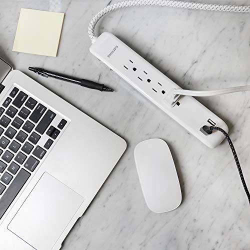 PHILIPS Philips 4 Outlet Power Strip Surge Protector with 2 USB Ports, 4 Ft Power Cord, Designer Braided Extension Cord, Flat Plug Extension Cord, 720 Joules, White, SPC6244WC/37