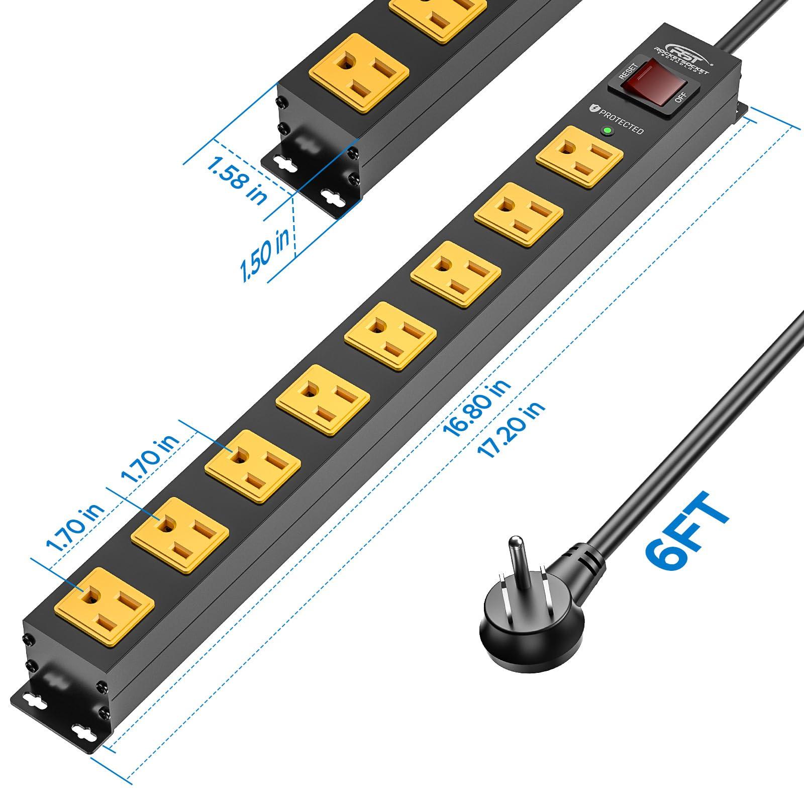 CRST CRST 8 Outlet Metal Long Power Strip,Heavy Duty Surge Protector 2100J, 6 FT Cord Mountable Wide Spaced Workshop Garage Power Strip, 15amp/1875W