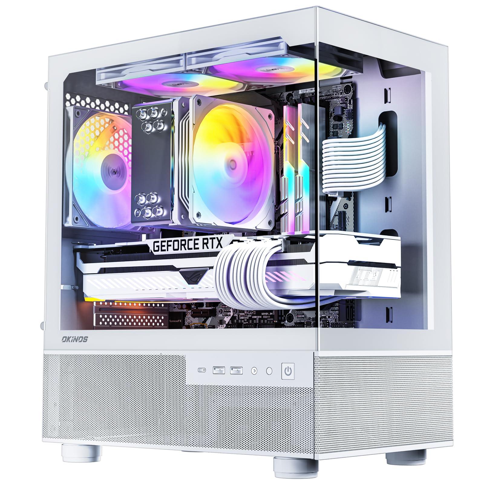Okinos Okinos Aqua 3, Micro ATX Case, MATX PC Case with 3 X 120mm 3-Pin ARGB Fan Pre-Installed, Panoramic View Tempered Glass Front & Side Panel, with Type C Port, White