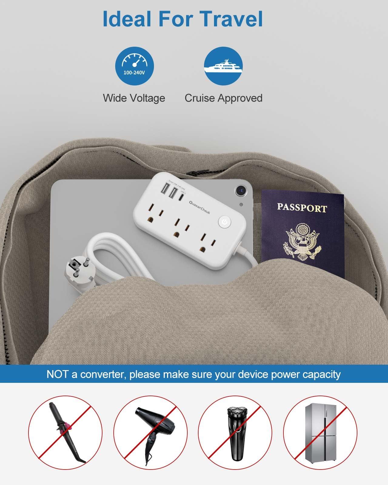 QuasarCheuk Type E F Plug Adapter, Germany France Travel Plug Adapter with 3 Outlets 3 USB PortsSchuko Plug Power Adaptor for US to Europe EU Spain Iceland Korea Greece Norway Russia German French, 4ft