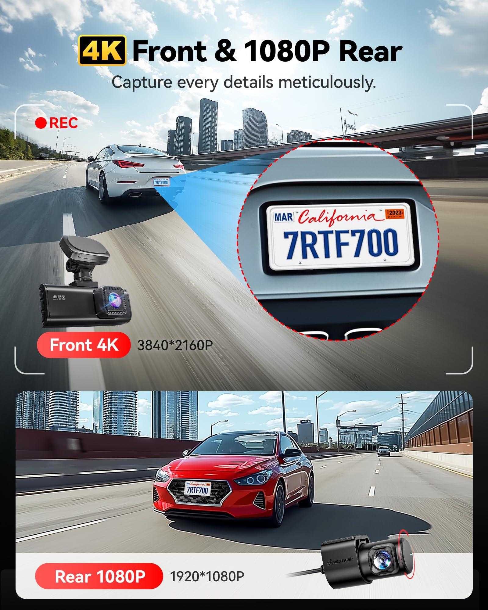 REDTIGER REDTIGER F7N Pro 4K Dash Cam Front and Rear Included 64GB Card with 33ft Longer Replacement Cable for The Rear Camera