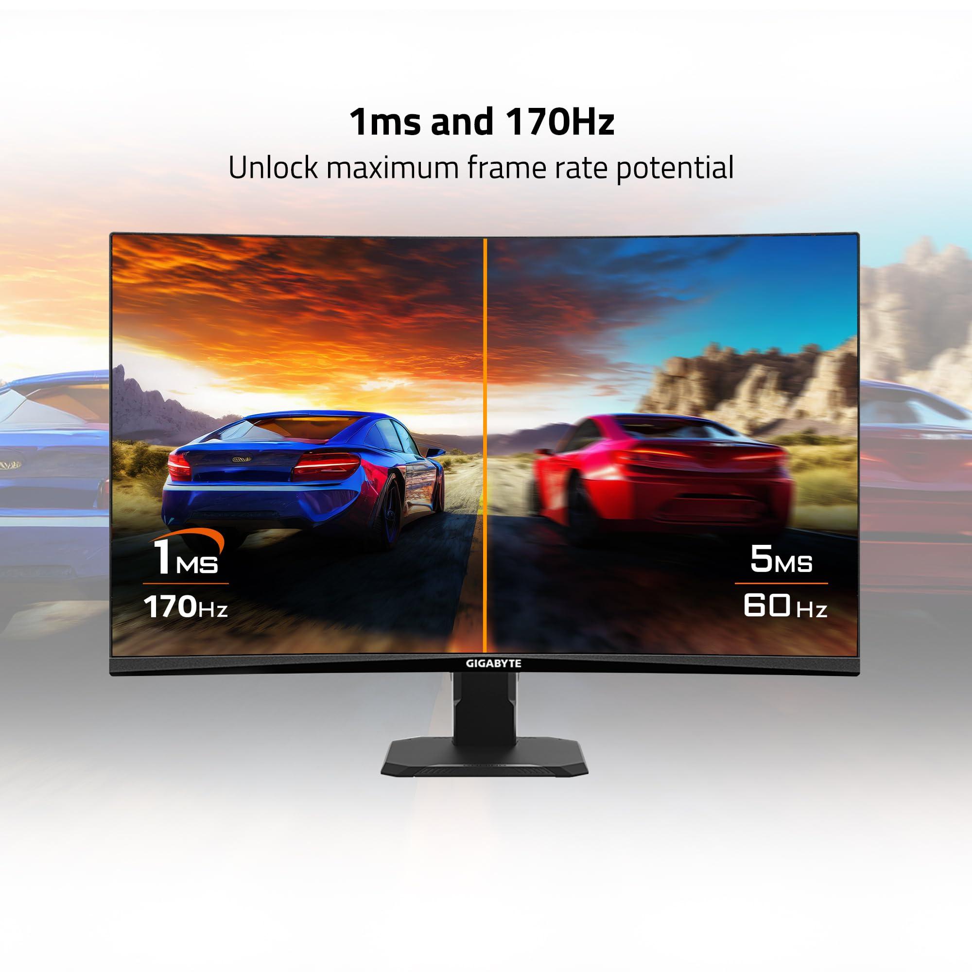 GIGABYTE GIGABYTE GS27QC 27" 165Hz 1440P Curved Gaming Monitor, 2560 x 1440 VA 1500R Display, 1ms (MPRT) Response Time, HDR Ready, FreeSync Premium, 1x Display Port 1.4, 2X HDMI 2.0,Black