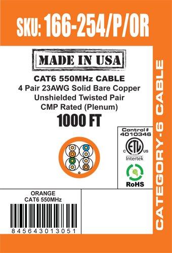 VC VERTICAL CABLE Vertical Cable CAT6, 550 MHz, UTP, 23AWG, 8C Solid Bare Copper, Plenum, 1000ft, Bulk Ethernet Cable - Made in USA, Orange