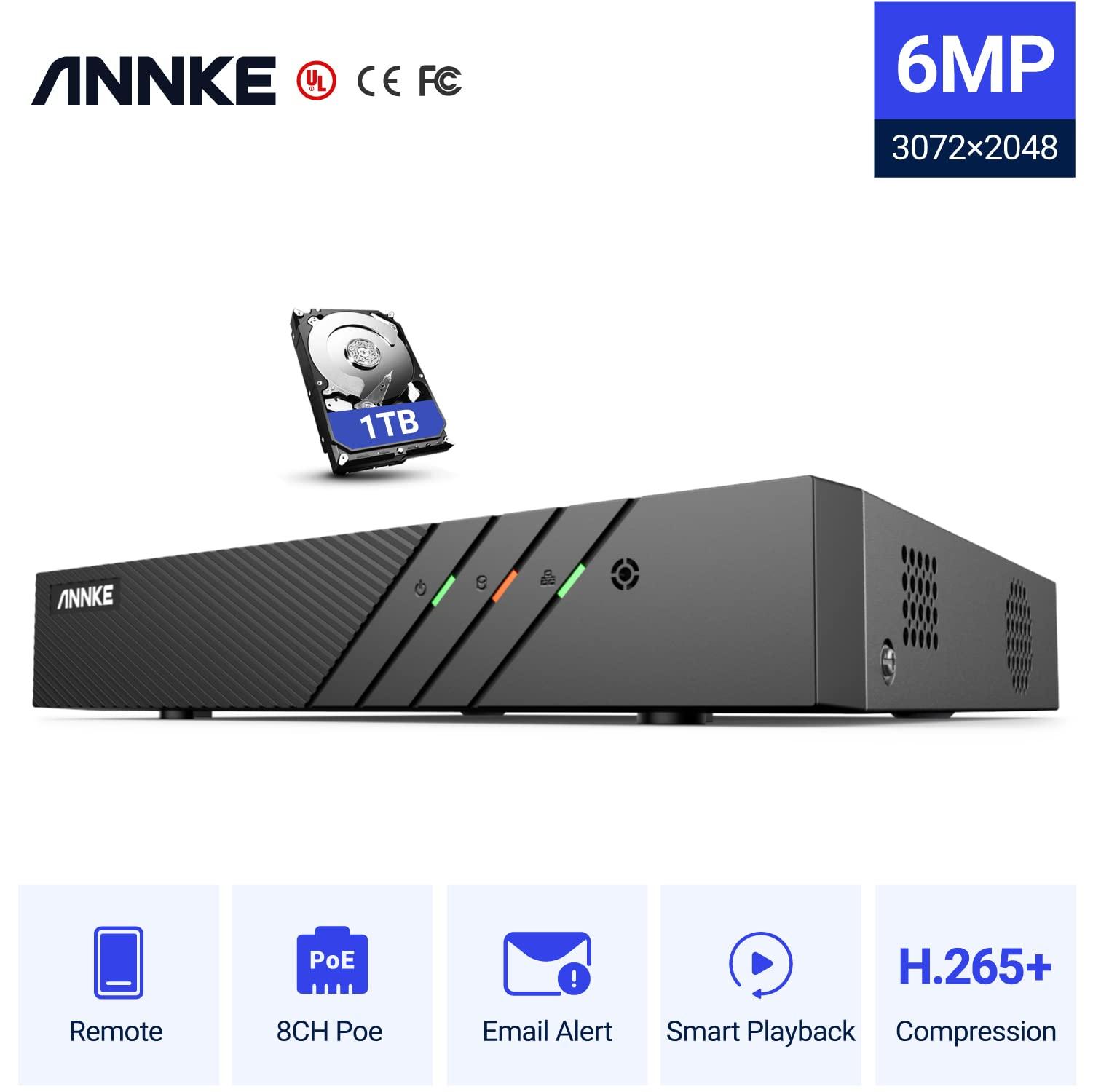 ANNKE ANNKE 8 Channel 6MP Security System Network Video Recorder (NVR), Only Supports up to 8 x 6MP ANNKE IP PoE Cameras, Power Over Ethernet, Free Remote Access, Motion Detection, 1TB Hard Disk Drive