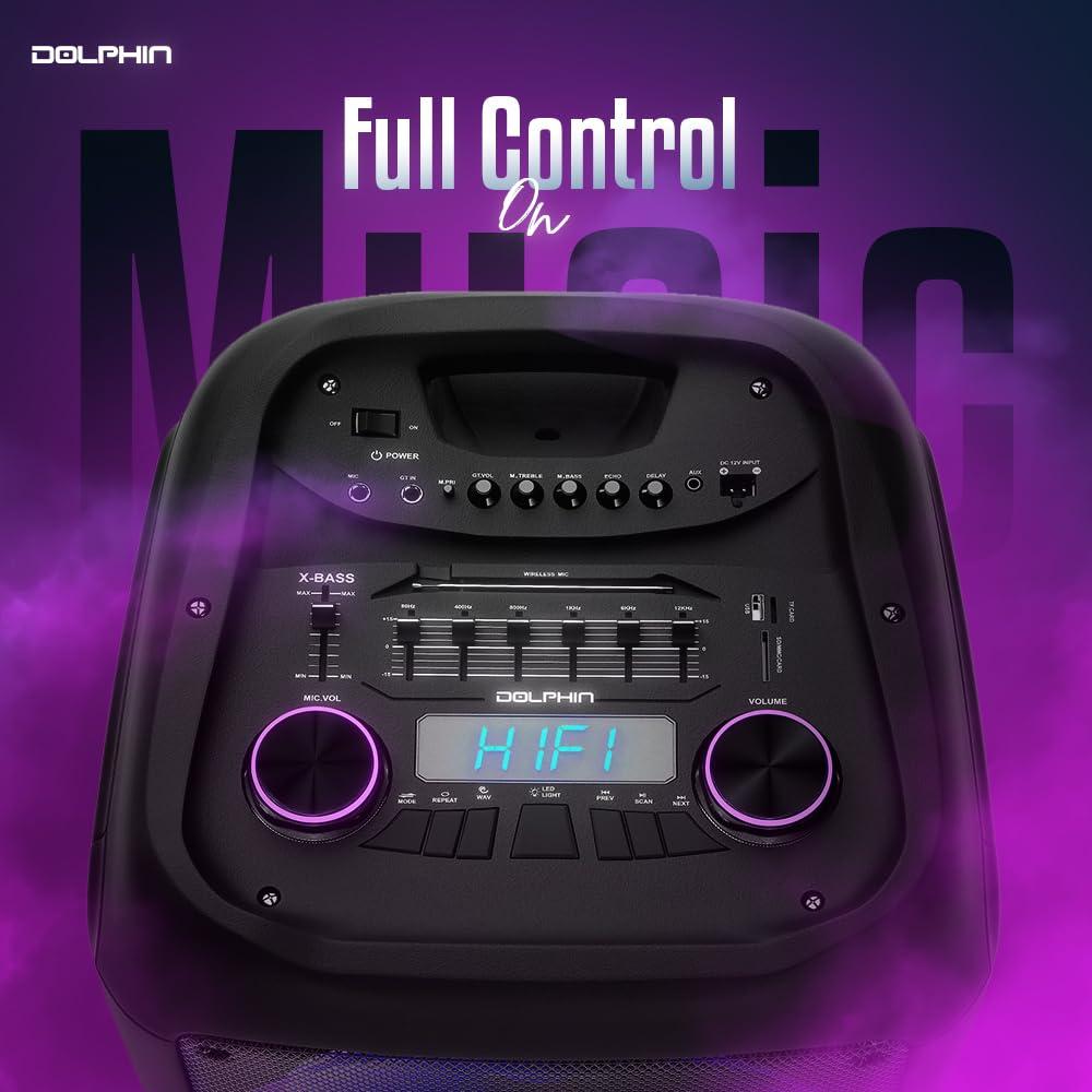 Dolphin Dolphin SP-1270RBT Dual 12-Inch Premium Party Bluetooth Speaker, Bluetooth/USB/SD/FM/AUX, X-Bass, 5-Band EQ, LED Display, Quad Ring Lights