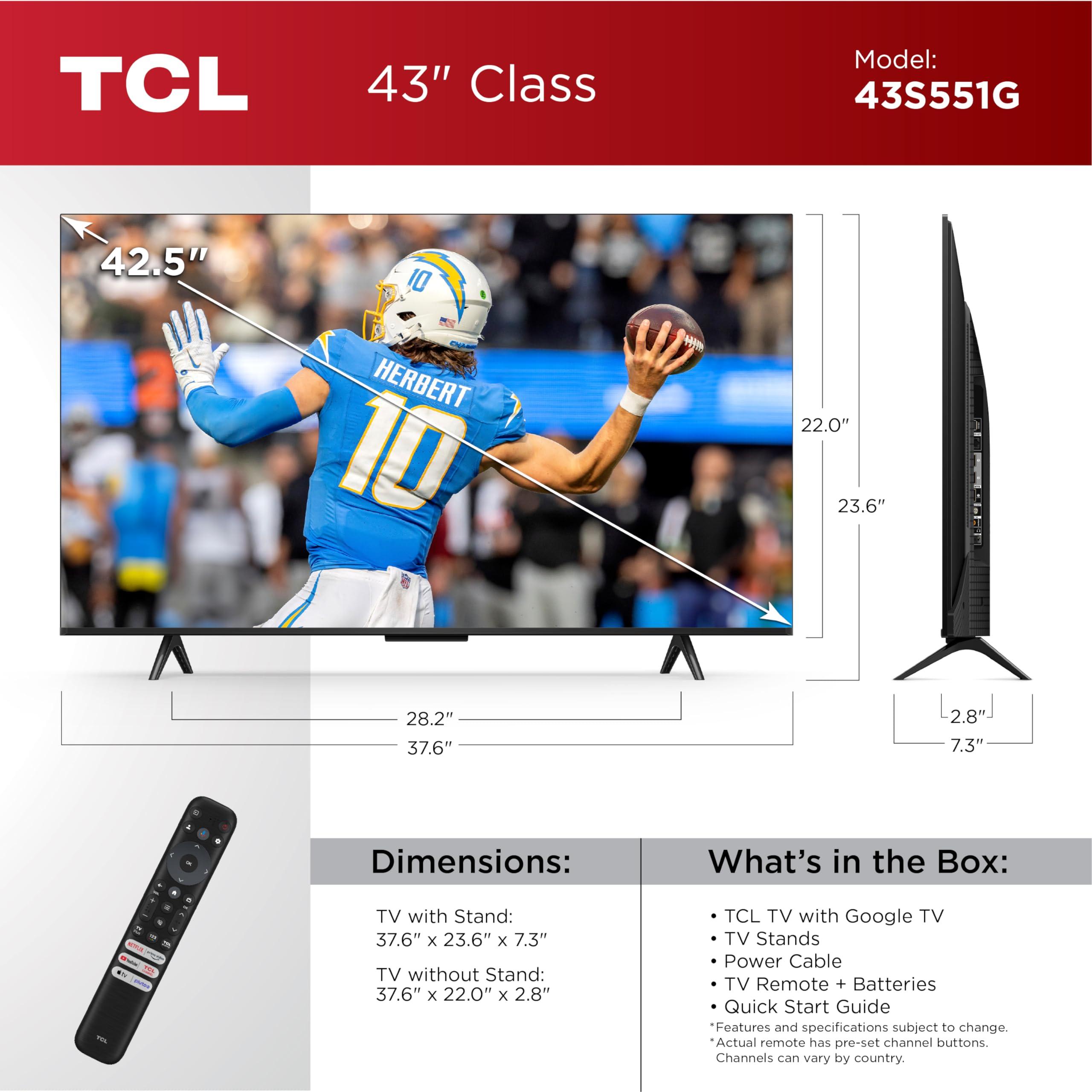 TCL TCL 43-Inch Class S5 4K UHD LED Smart TV with Google TV (43S551G, 2024 Model), Google Assistant Built-in with Voice Remote, Compatible with Alexa, Streaming Television