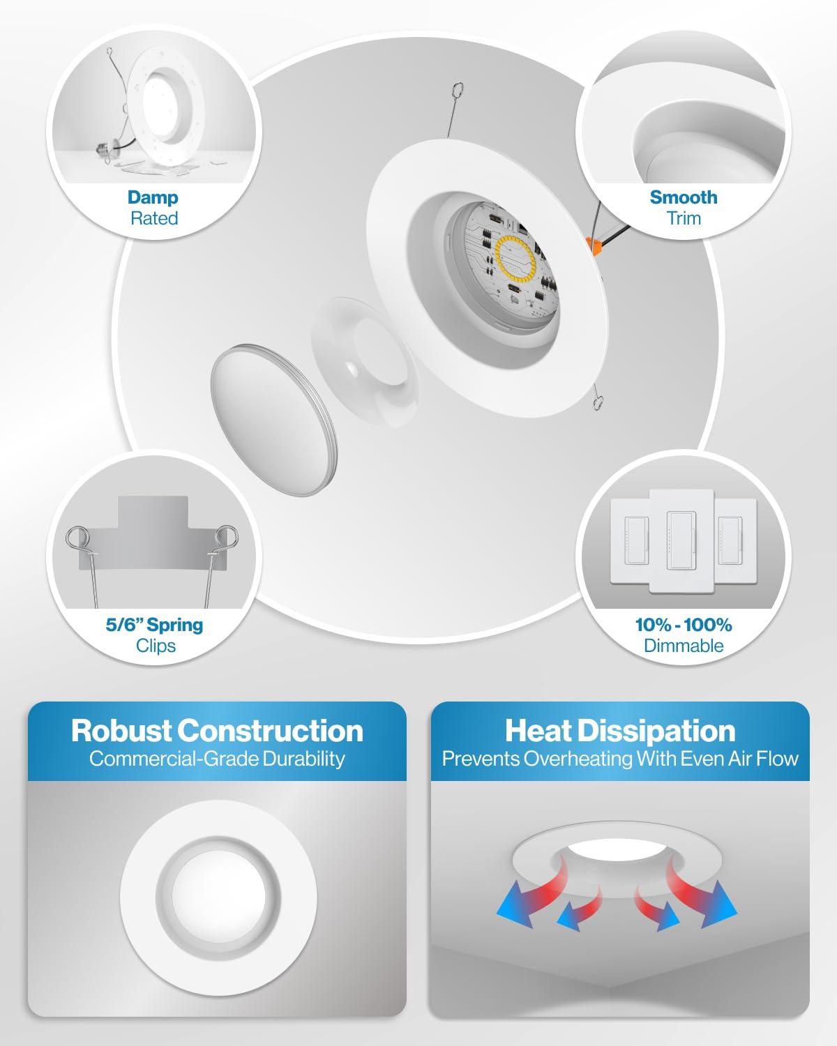 Sunco Lighting Sunco 12 Pack Retrofit LED Recessed Lighting 6 Inch, 2700K Soft White, Dimmable Can Lights, Smooth Trim, 13W=75W, 965 LM, Damp Rated - UL Listed