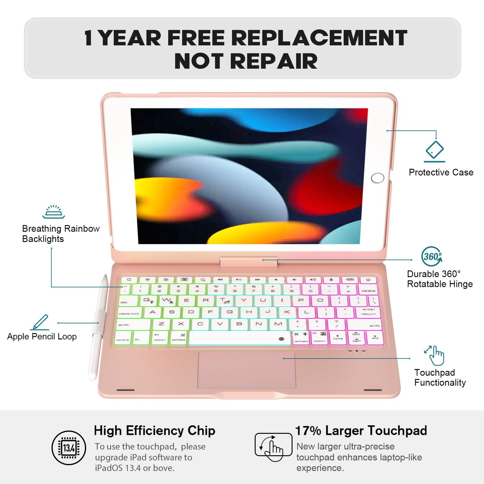 BABG BABG iPad 9th Generation Case with Keyboard,360 Rotatable,Touchpad,Backlit Keyboard with Pencil Holder for 10.2 inch iPad 9th Gen 2021/ 8th Gen 2020/7th Gen 2019 and iPad Air 3/Pro 10.5\"-Rose Gold