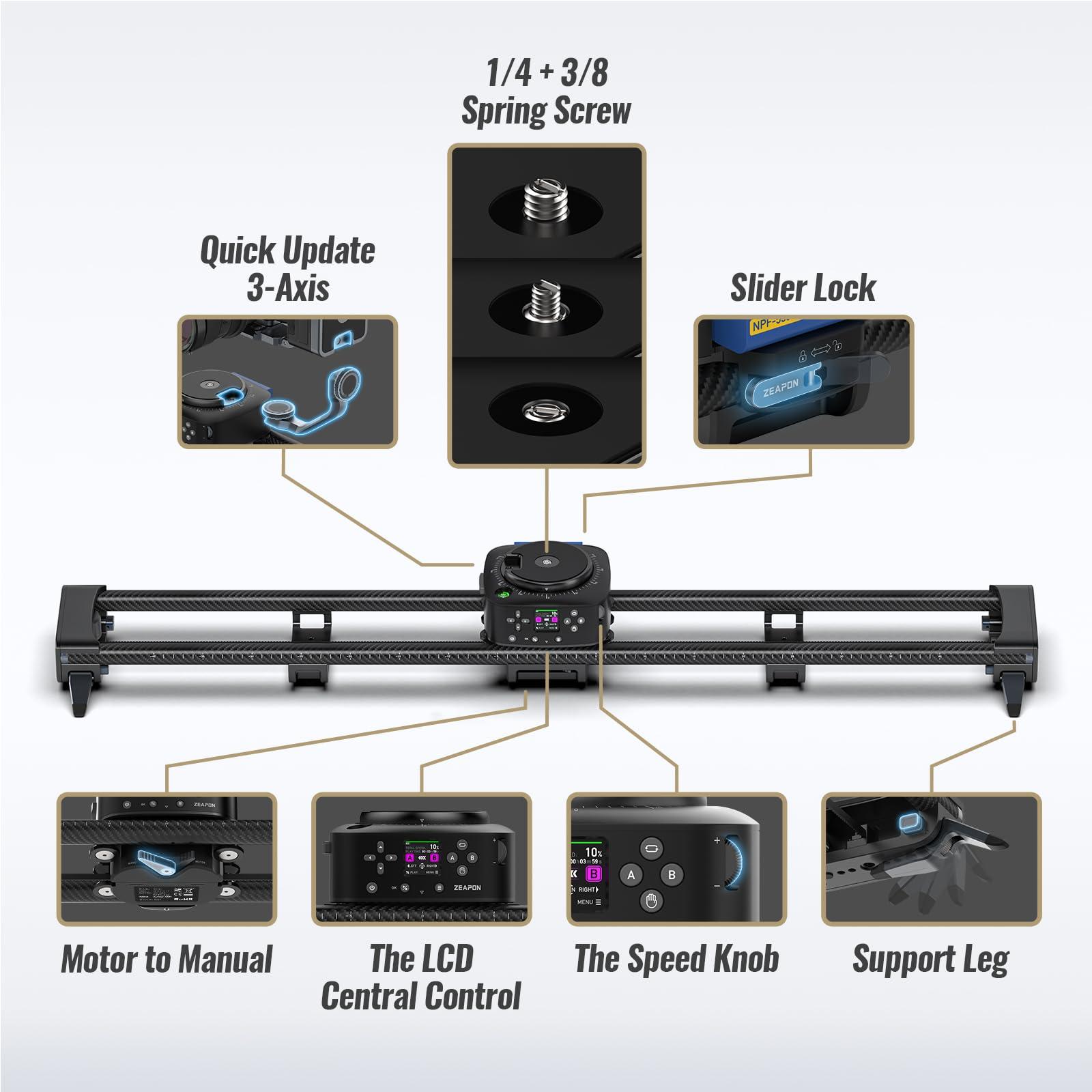 ZEAPON Zeapon AXIS 100 (2-axis) Multi-axis Motorized Camera Slider, 39''/ 100cm DSLR Carbon Fiber Electric Track, LCD Screen APP Control, Pan Head for 360 Panoramic Time-Lapse Follow Focus
