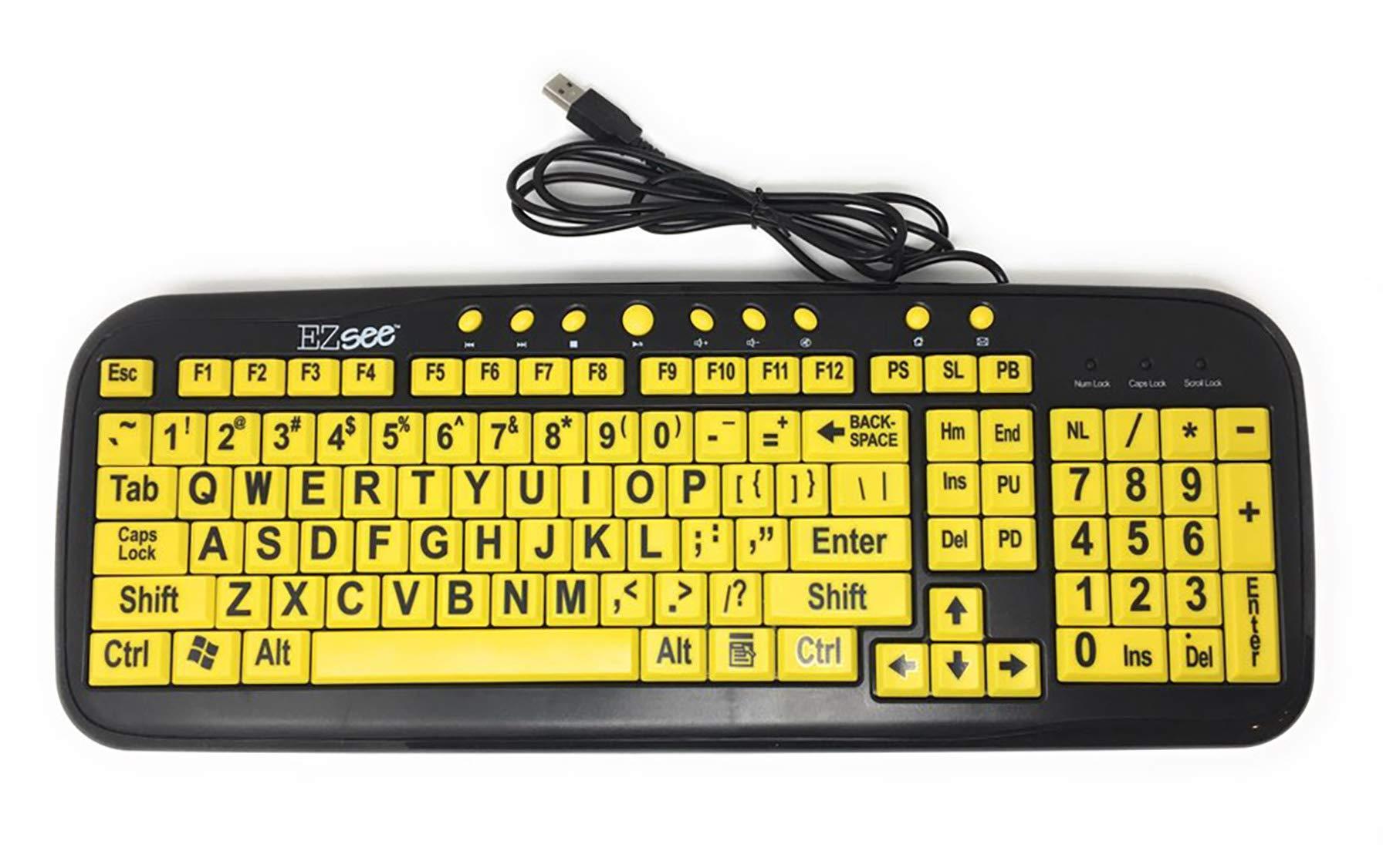 EZSee New and Improved: EZSee by DC - Large Print Computer Keyboard USB Wired (Yellow Keys with Black Jumbo Oversized Print Letters) for Visually Impaired Individuals, Low Vision, or Low Light for Seniors a