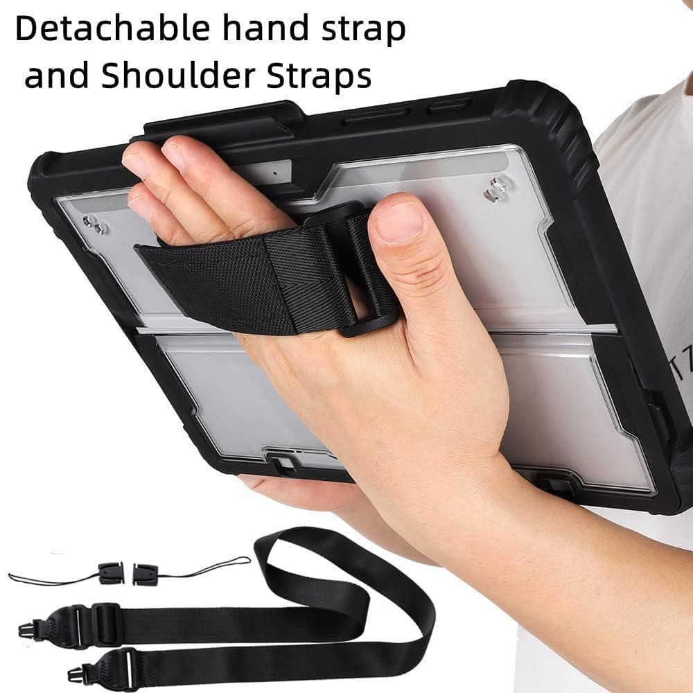 AnMengXinLing Clear Case for Microsoft Surface Go 4 (2023)/ Surface Go3/Go2/Go, Rugged Hard Shell Cover with Shoulder Strap & Hand Strap&Stylus Pen Holder, Compatible with Type Cover Keyboard (Black)