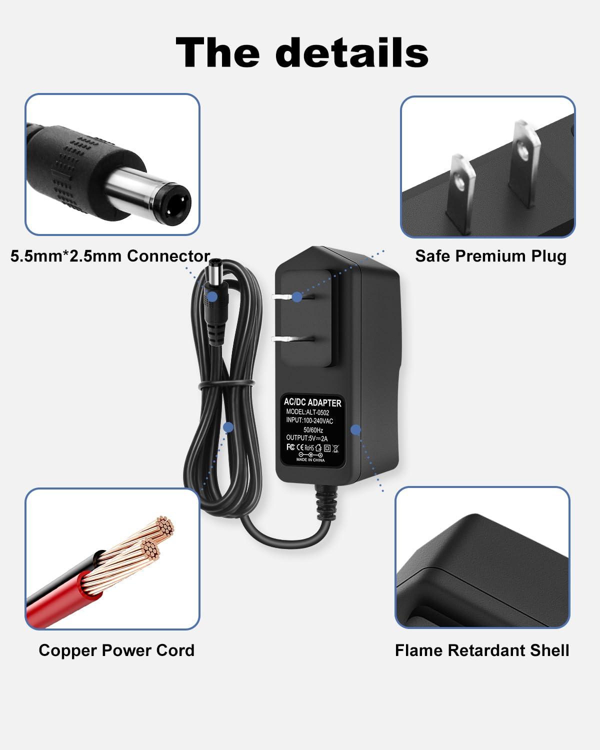 Arybroourd 5V 2A Power Supply 2000mA AC Adapter, AC to DC 5V 2A Power Adapter Cord, 5.5mm x 2.5mm Barrel Plug, 5 Volt 2 Amp Transformer