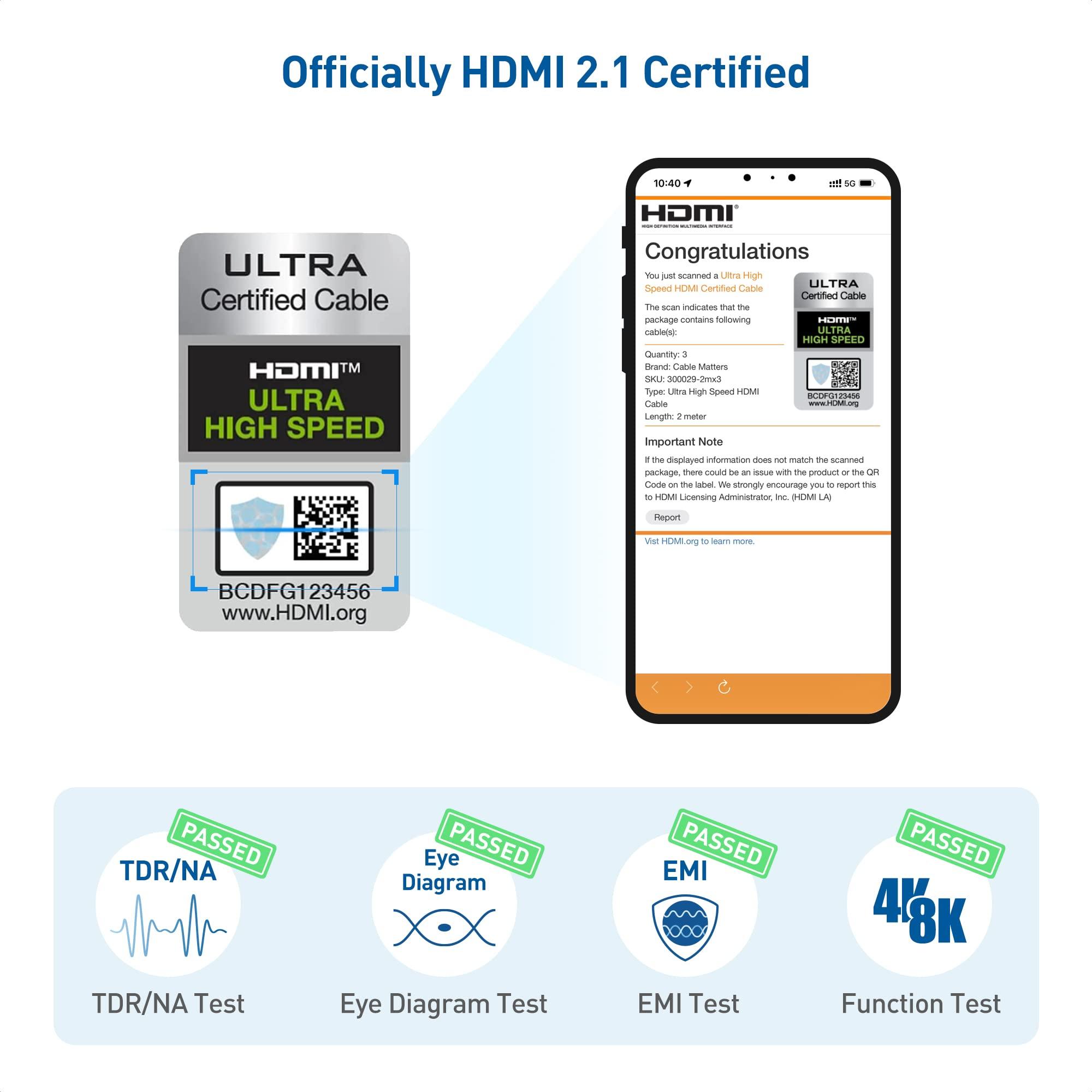 Cable Matters Cable Matters [Ultra High Speed HDMI Certified] 3-Pack 48Gbps 8K HDMI Cable 6.6 ft / 2m with 8K@60Hz, 4K@240Hz and HDR Support for PS5, Xbox Series X/S, RTX3080/3090, RX 6800/6900, Apple TV