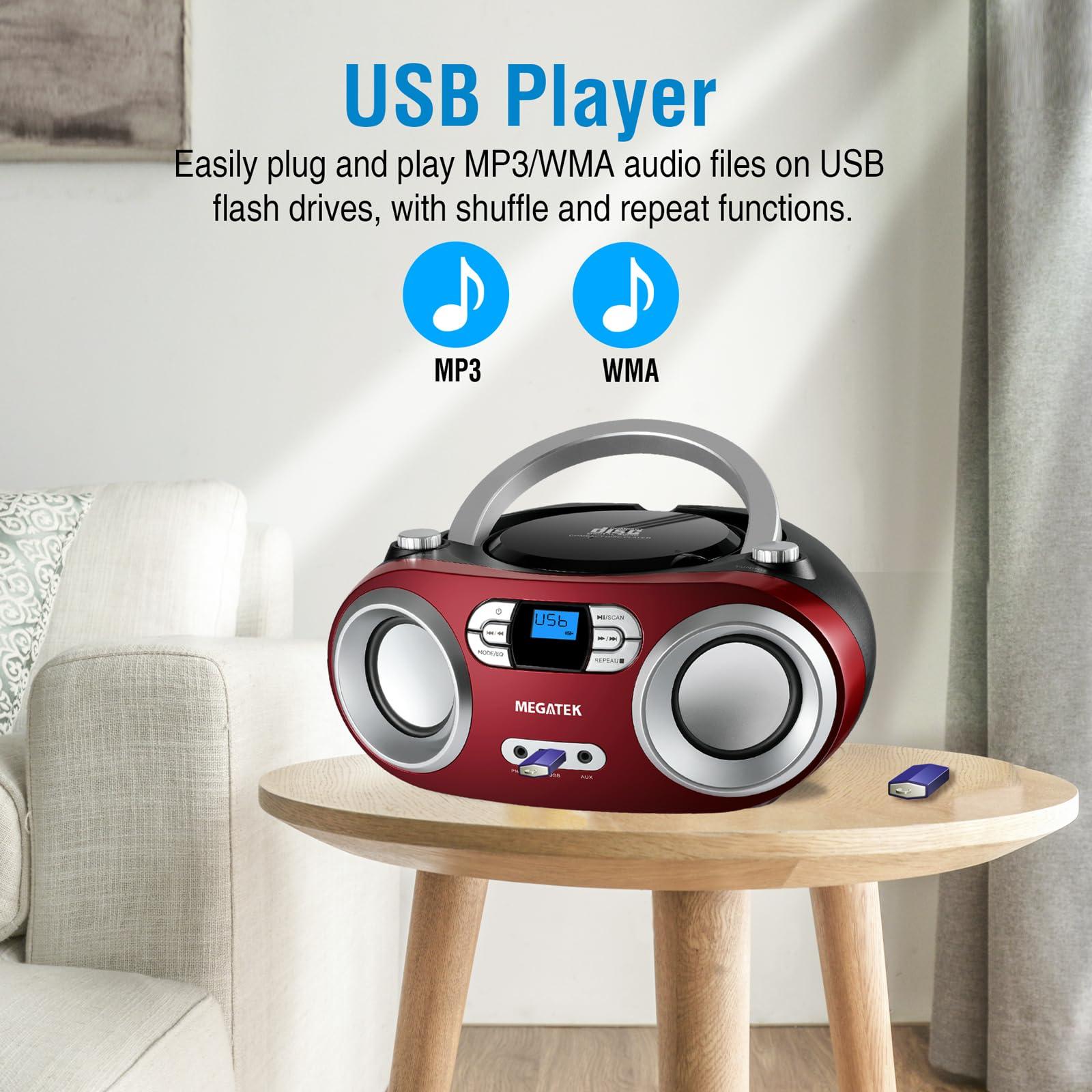 MEGATEK MEGATEK Portable CD Boombox with FM Stereo Radio, Bluetooth, USB Port, and Backlit LCD Display | CD-R/CD-RW/MP3-CD Compatible | AUX Input | Headphone Jack | Programmable CD Player - Cherry Red