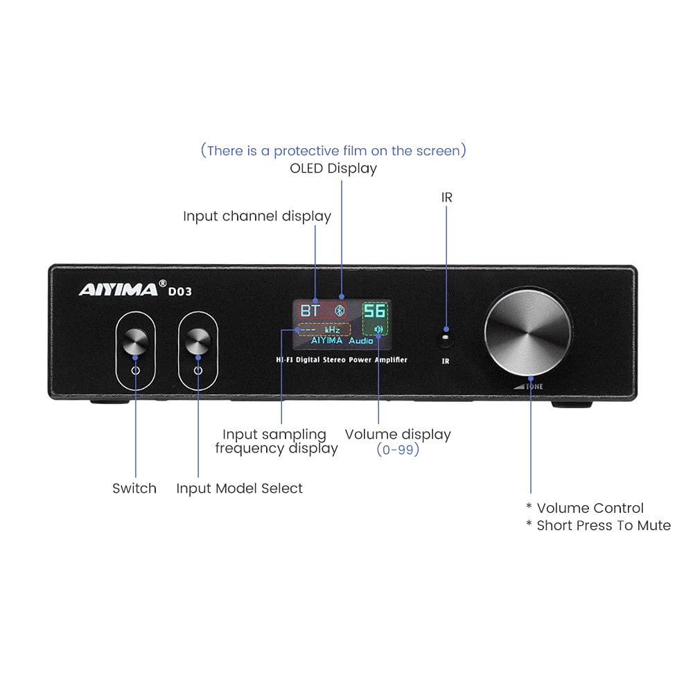 AIYIMA AIYIMA D03 Bluetooth 5.0 DAC Amplifier 150 Watt x 2 Stereo HiFi 2.1 CH Digital Sound Amplificador 24Bit/192kHz Class D Power Amp USB Coaxial Optical OLED AptX, Support Subwoofer & with Remote