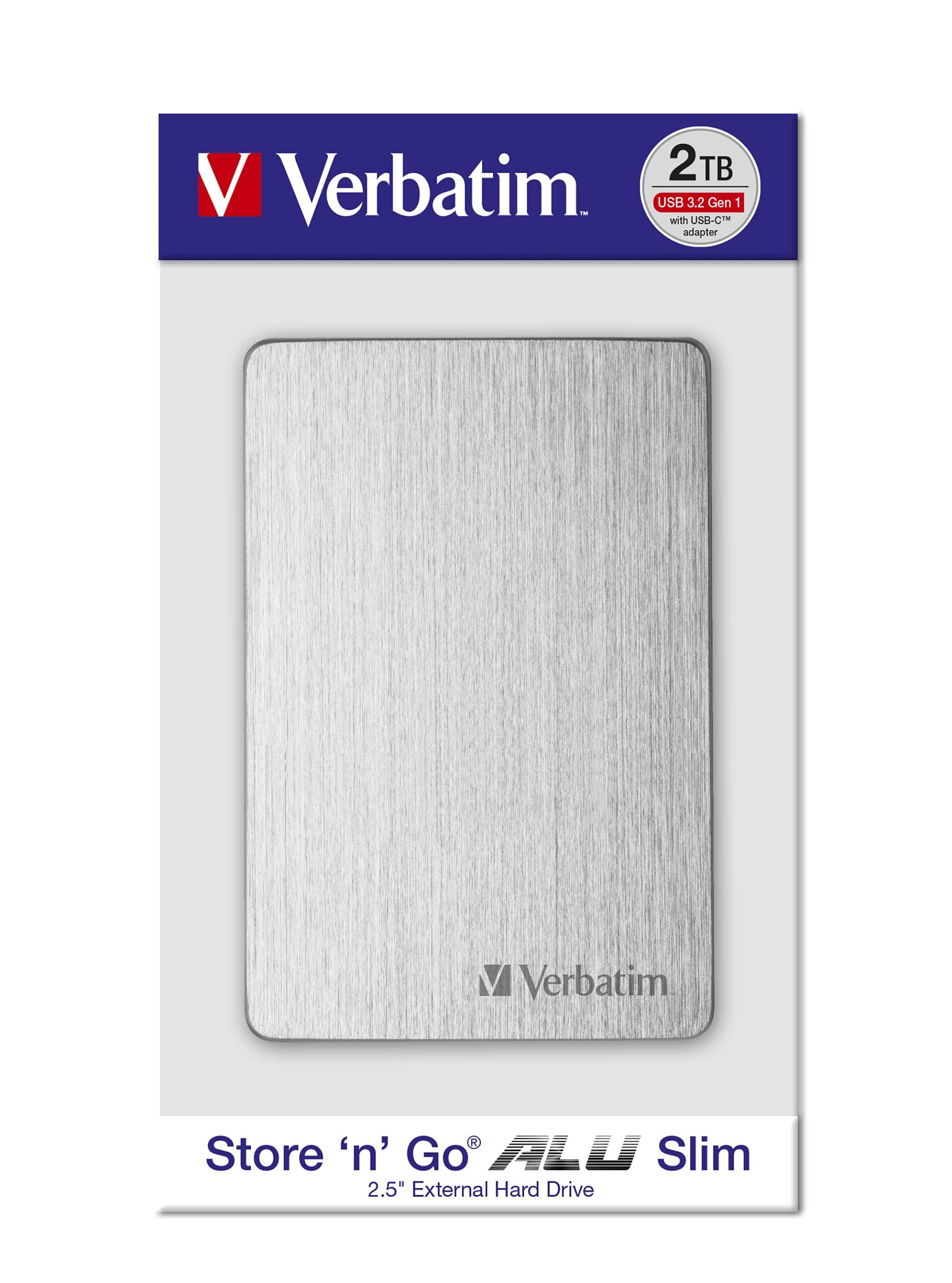 Verbatim Verbatim Store 'n' Go Aluminium Slim 2TB Silver External Hard Drive USB 3.2 Gen 1 Hard Drive External Aluminium Hard Drive for Windows & Mac OS X Portable Hard Drive USB Hard Drive