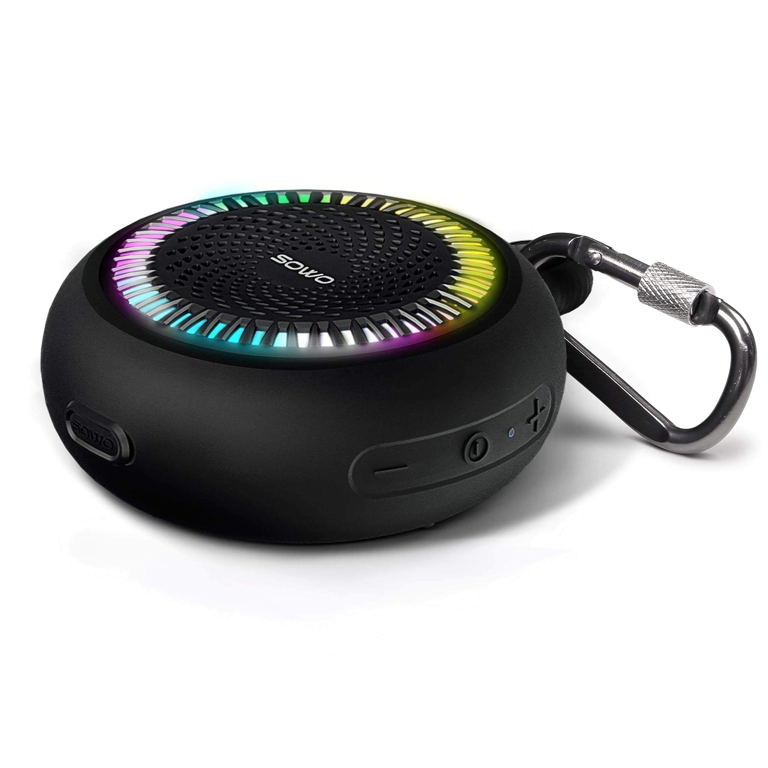 SOWO Bluetooth Shower Speaker Waterproof | Small Portable Bluetooth Speaker Wireless with Clip | Powerful Bass and Louder Volume | Colorful Lights and Lightweight | with TWS Pairing | Black