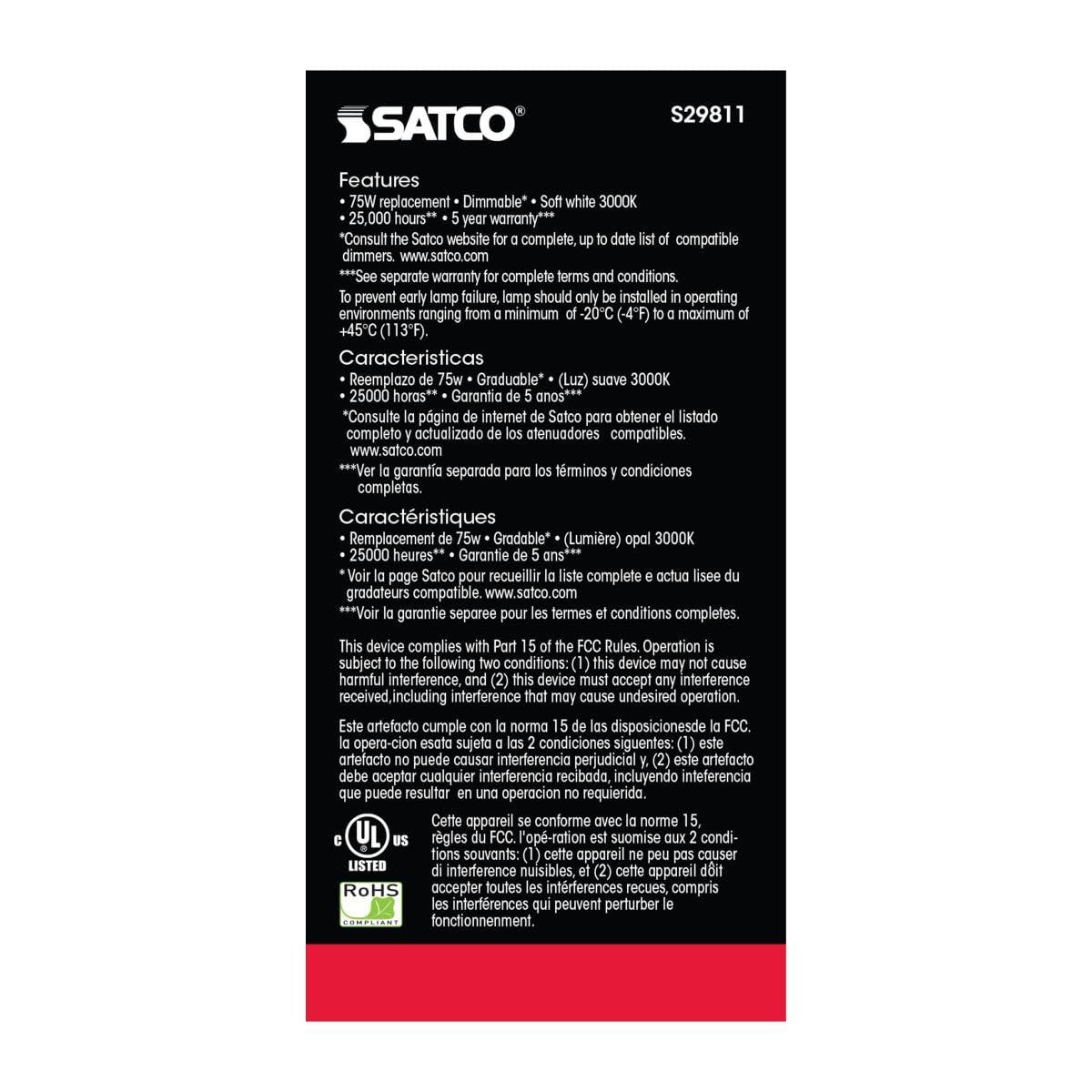 Satco Satco Lighting S29811-11 Watt A19 LED Dimmable Frosted Light Bulbs - 3000K - Medium Base - 1100 Lumens - 220 Degree Beam Angle -120 Volts (6 Pack)